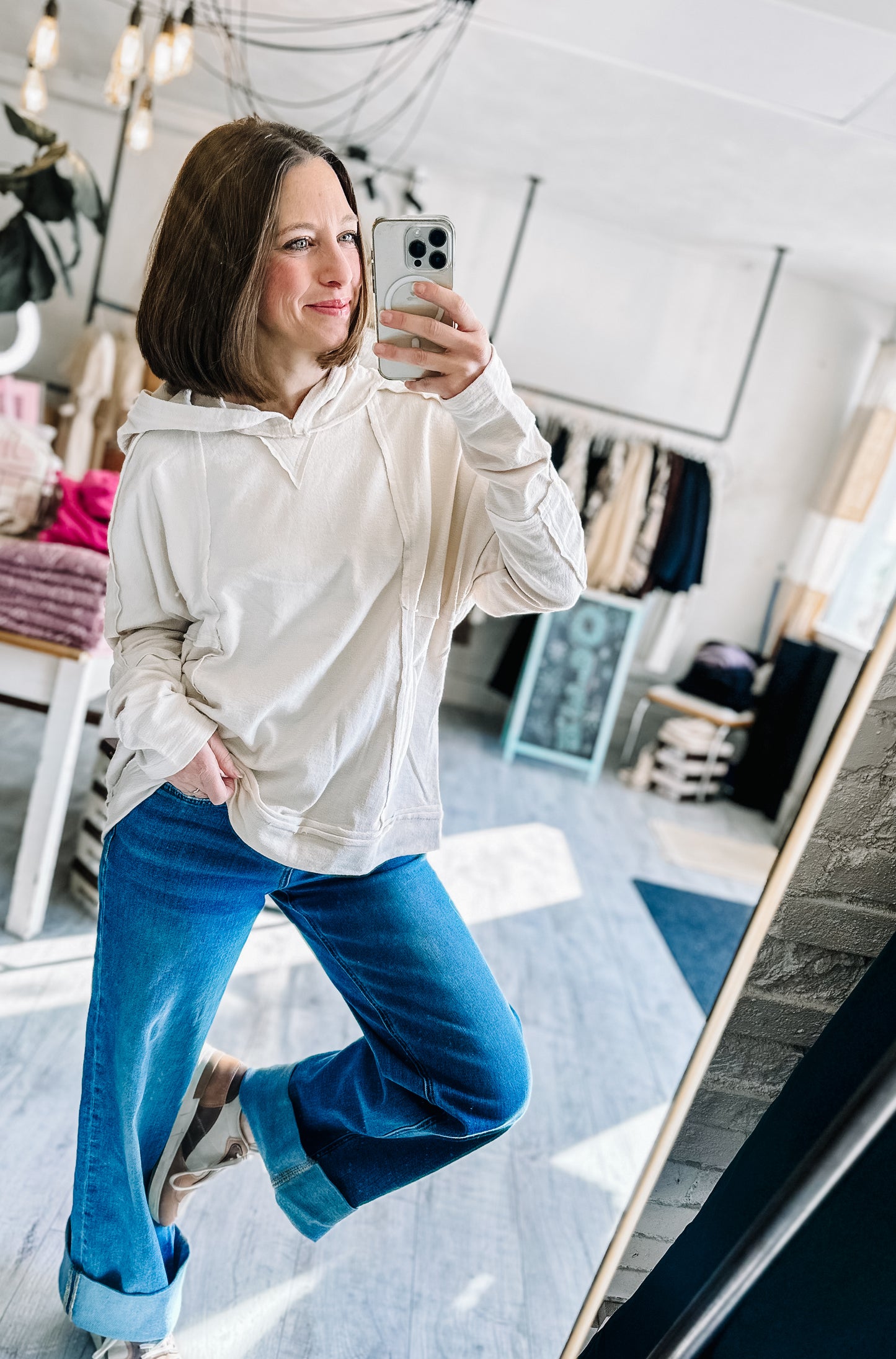 Raw Edge Cute Detail Hoodie Knit Top in Oatmeal