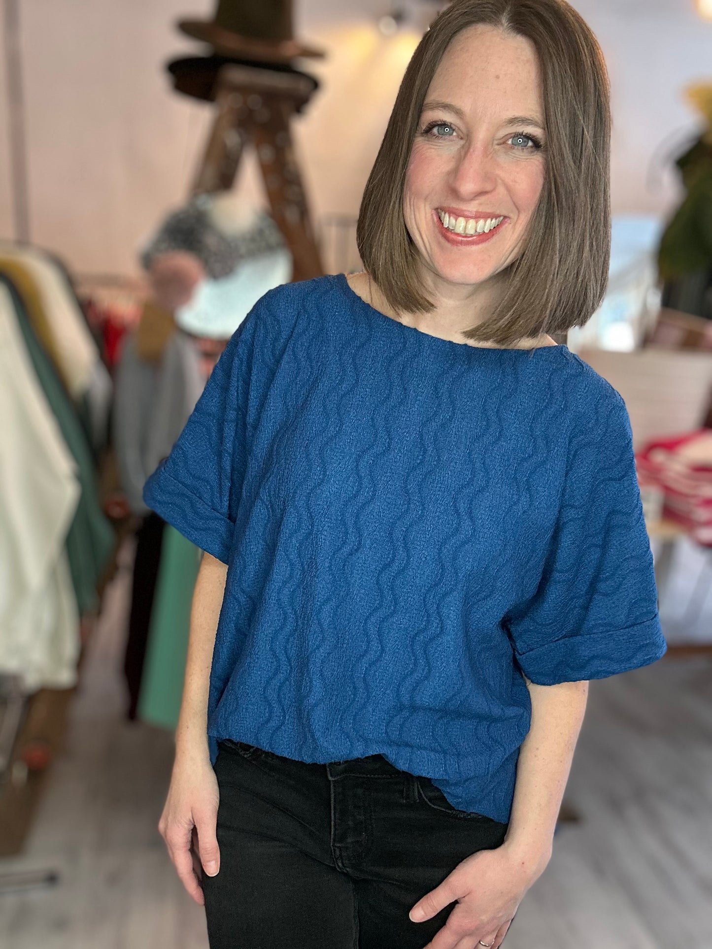 Textured Dolman Sleeve Top in Navy