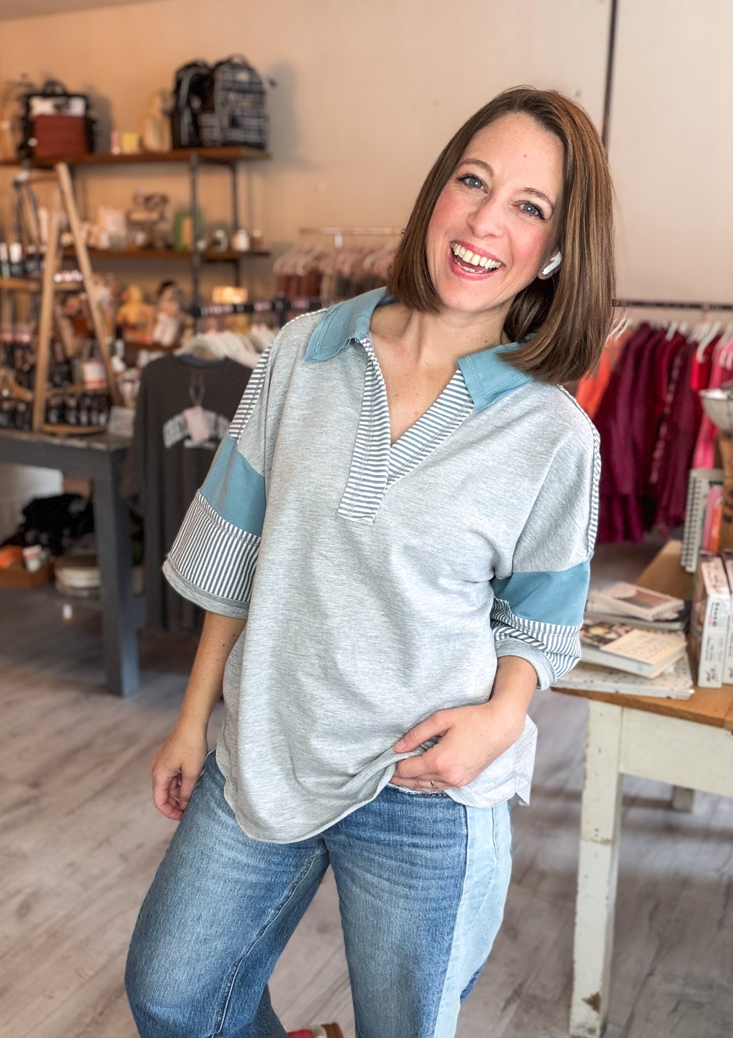 Oversized Half Sleeve Casual Knit Top in Grey & Blue