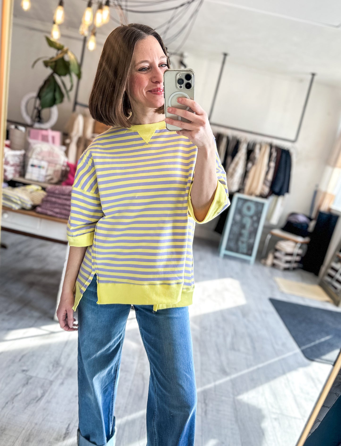 Oversized Stripe Casual Knit Top in Lavender & Lemon