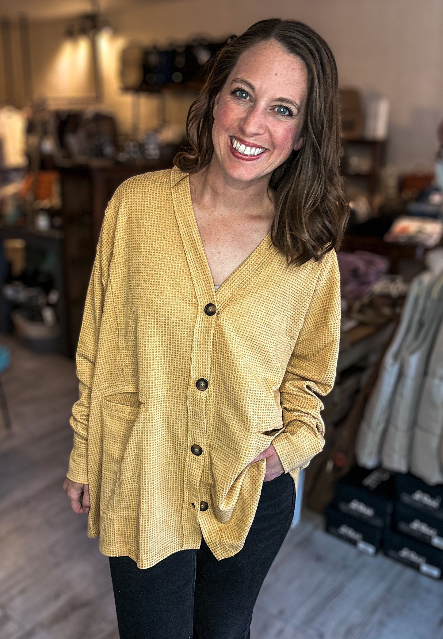 Two-Tone Charm Cardigan in Marigold and Magenta
