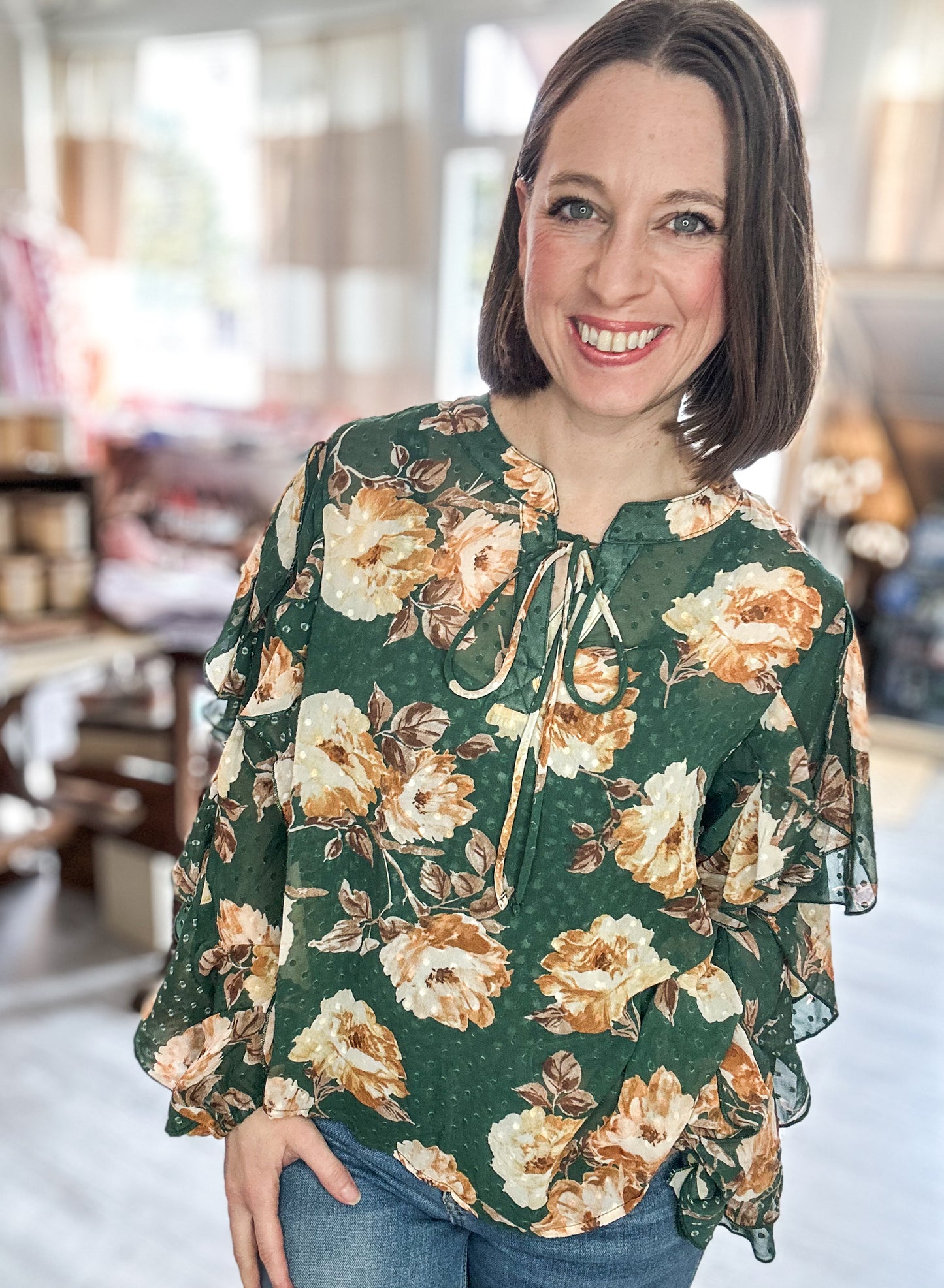 Dotted Floral Textured Blouse in Green and Gold