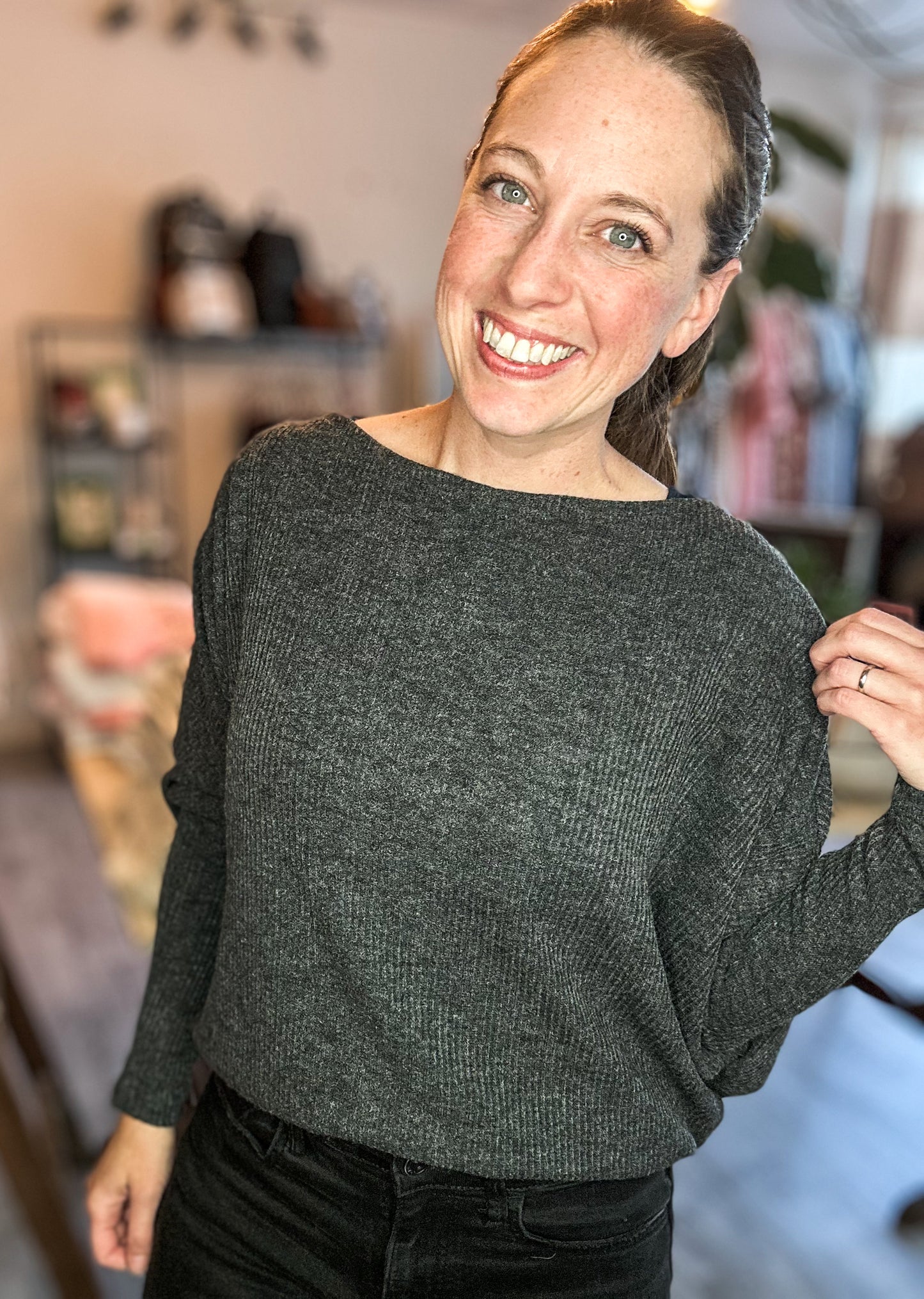 Round Neck Knitted Top in Charcoal