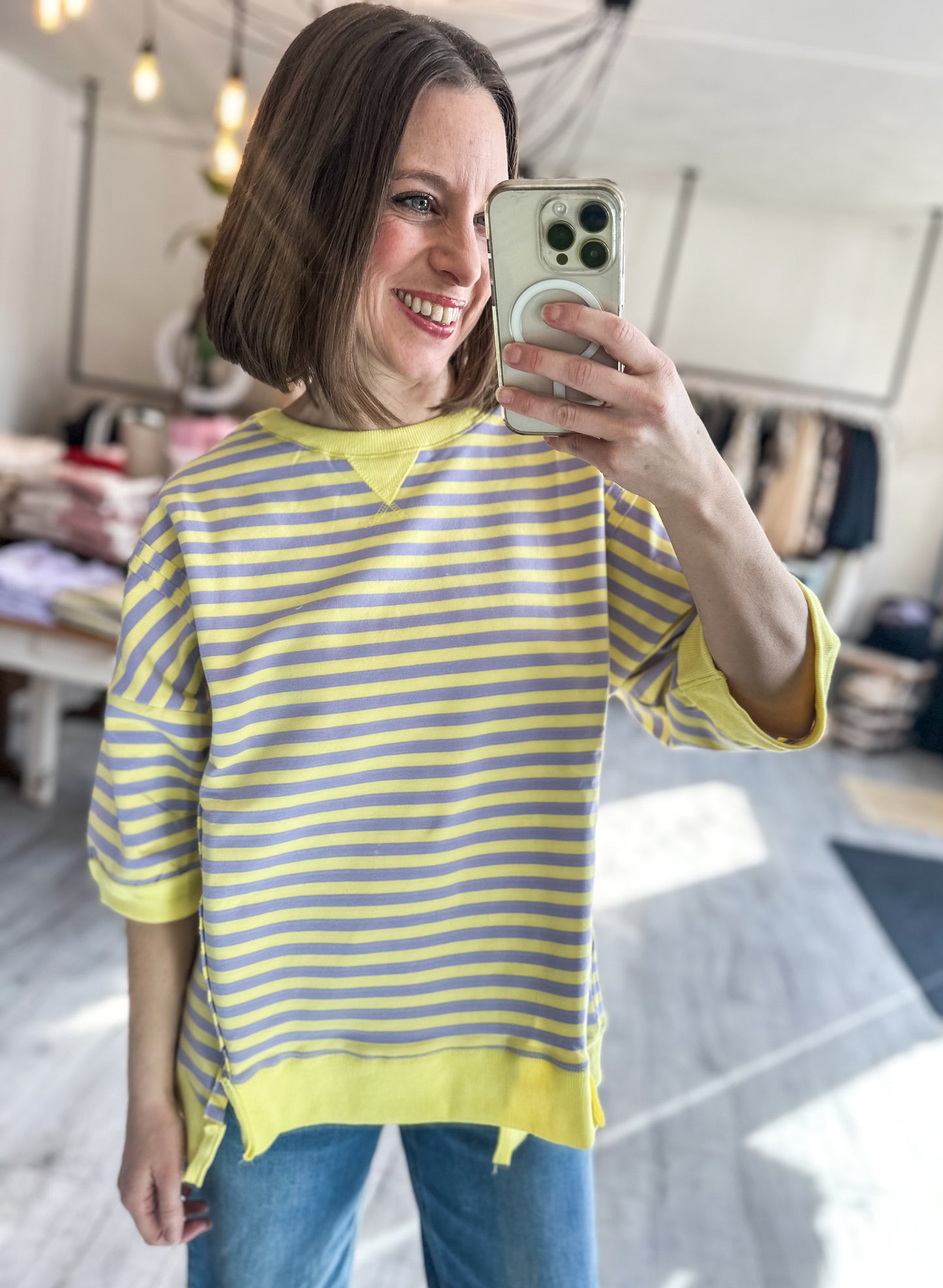 Oversized Stripe Casual Knit Top in Lavender & Lemon