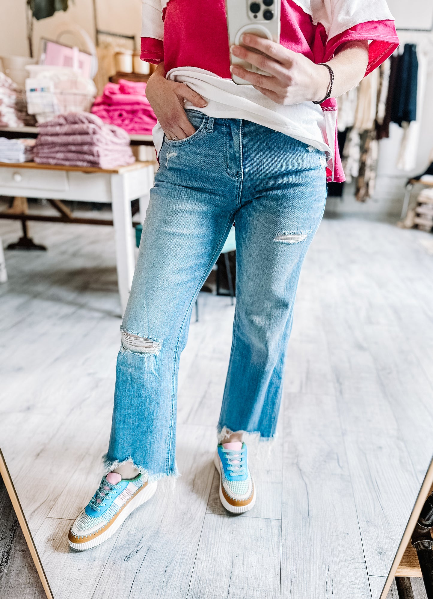 High Rise Distressed Crop Slim Wide Denim