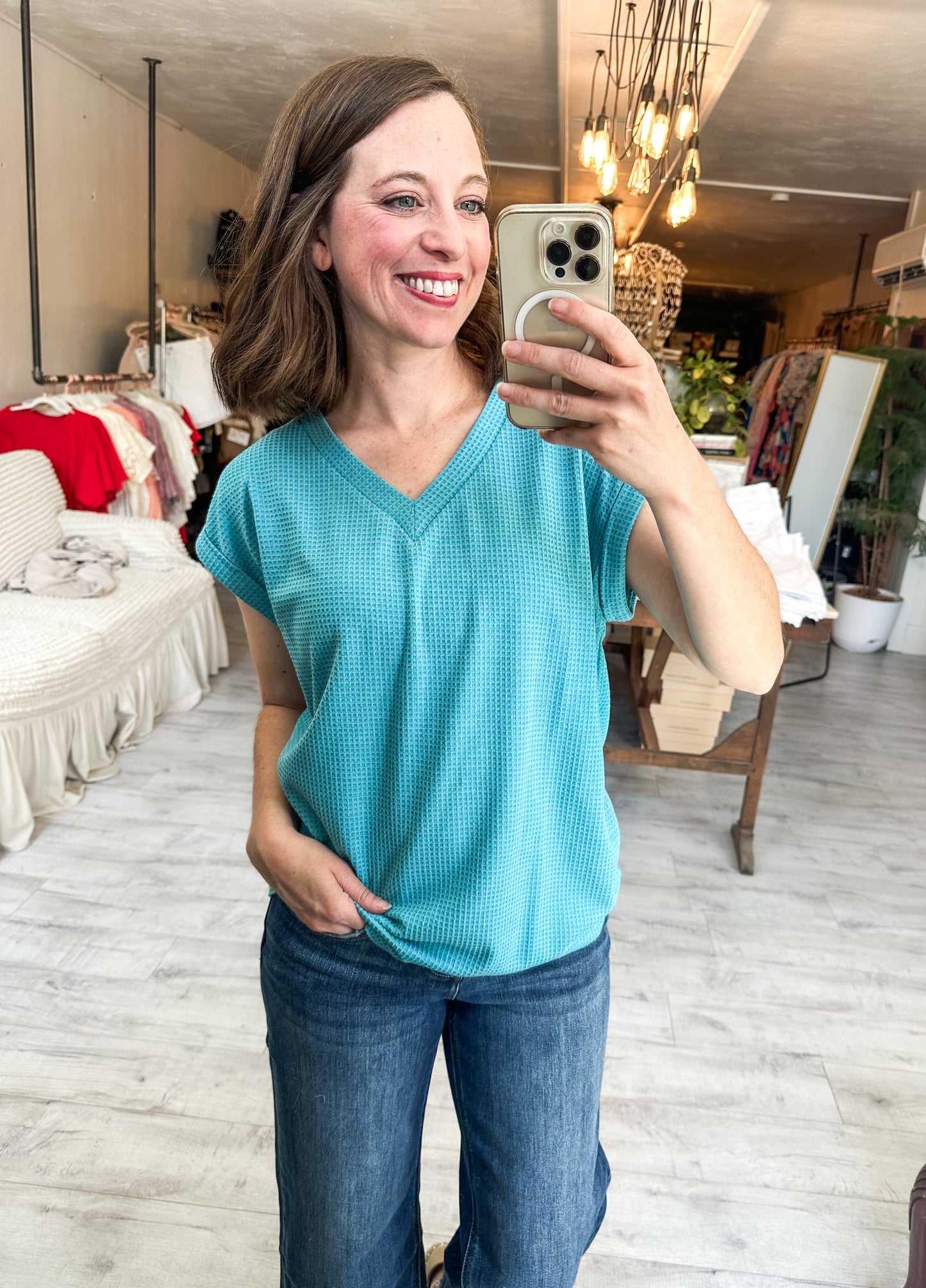 Two-Tone Dolman Sleeve Top in Teal