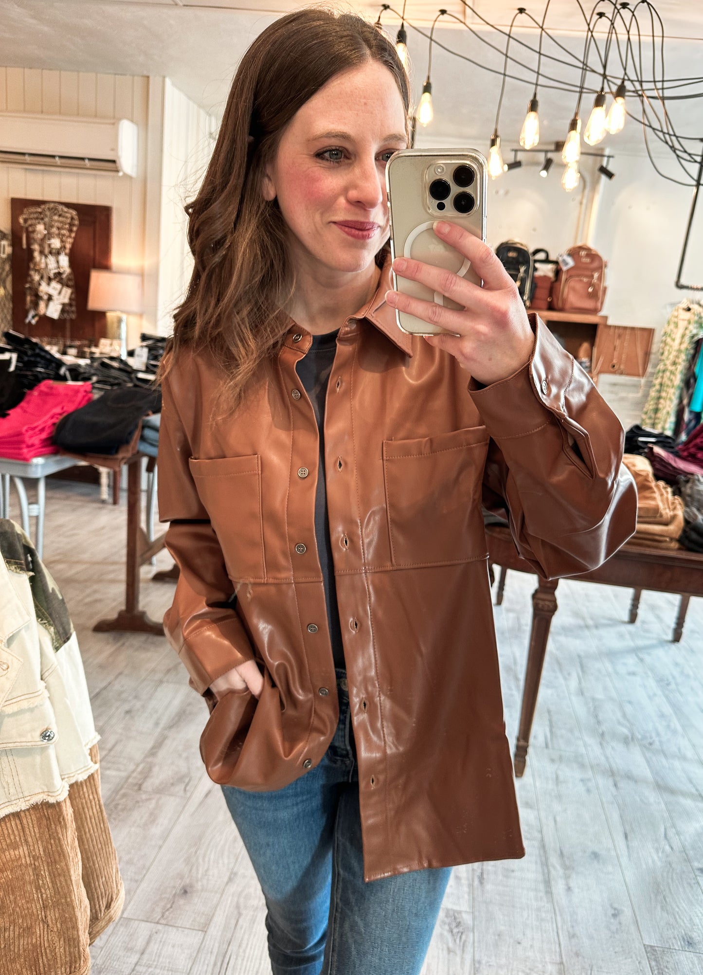 Faux Leather Button Down in Rich Cognac