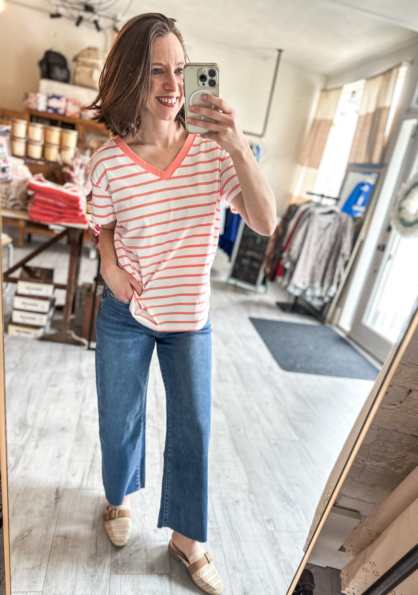 Striped V-Neck in Coral