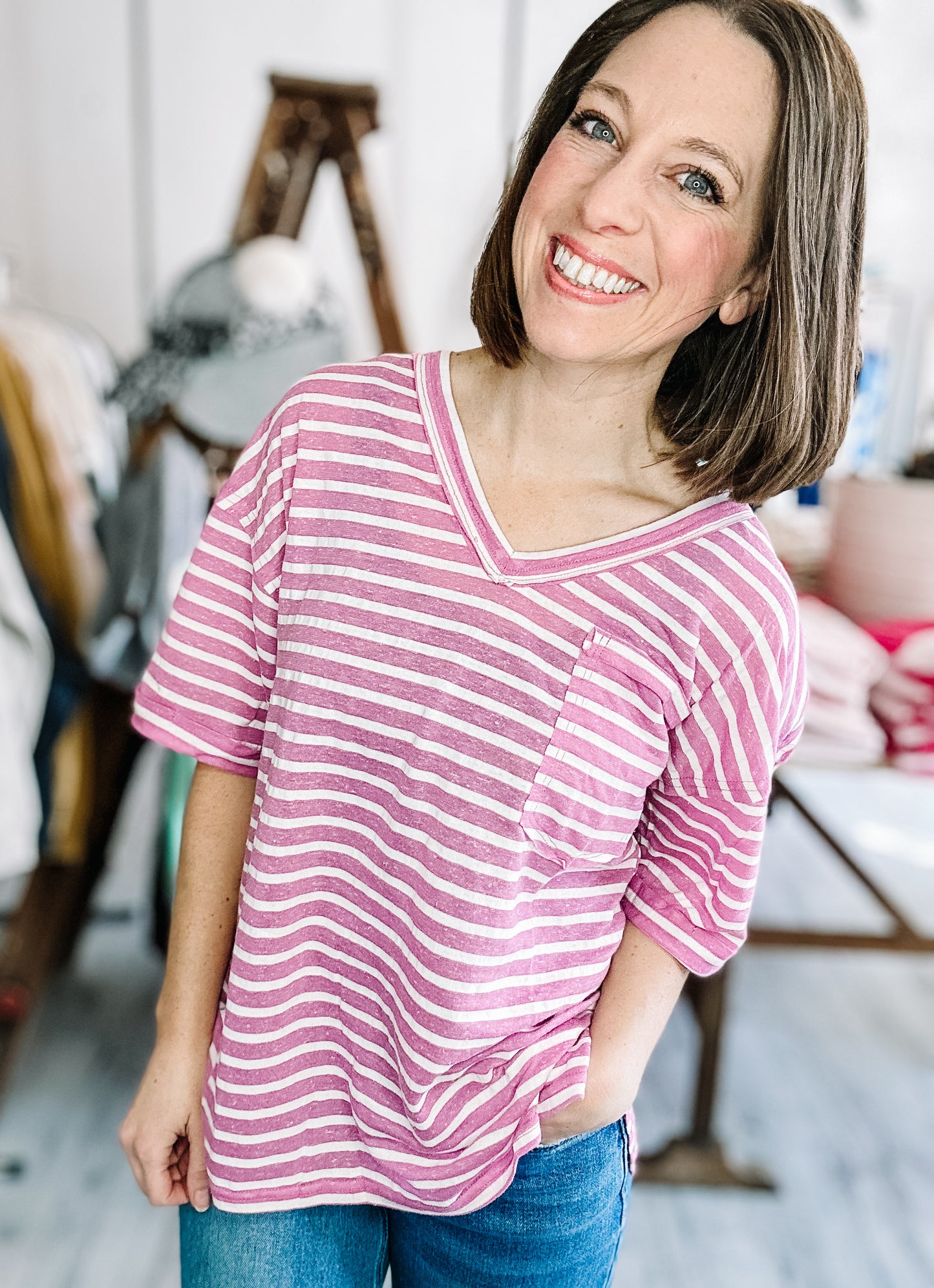 Oversized Stripe Casual V-Neck Knit Top in Orchid
