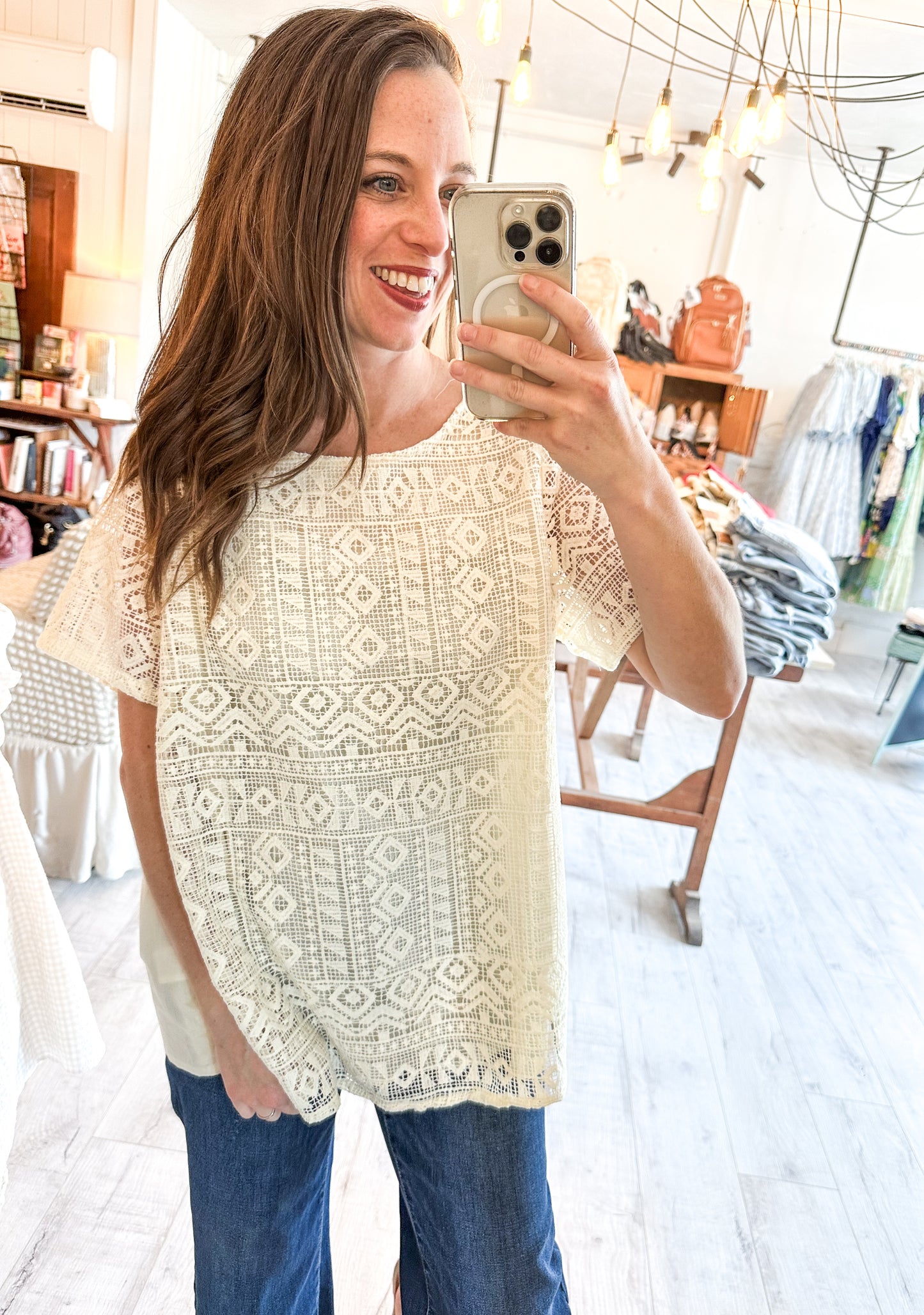 Smock Front Embroidery Short Sleeve Blouse in Natural