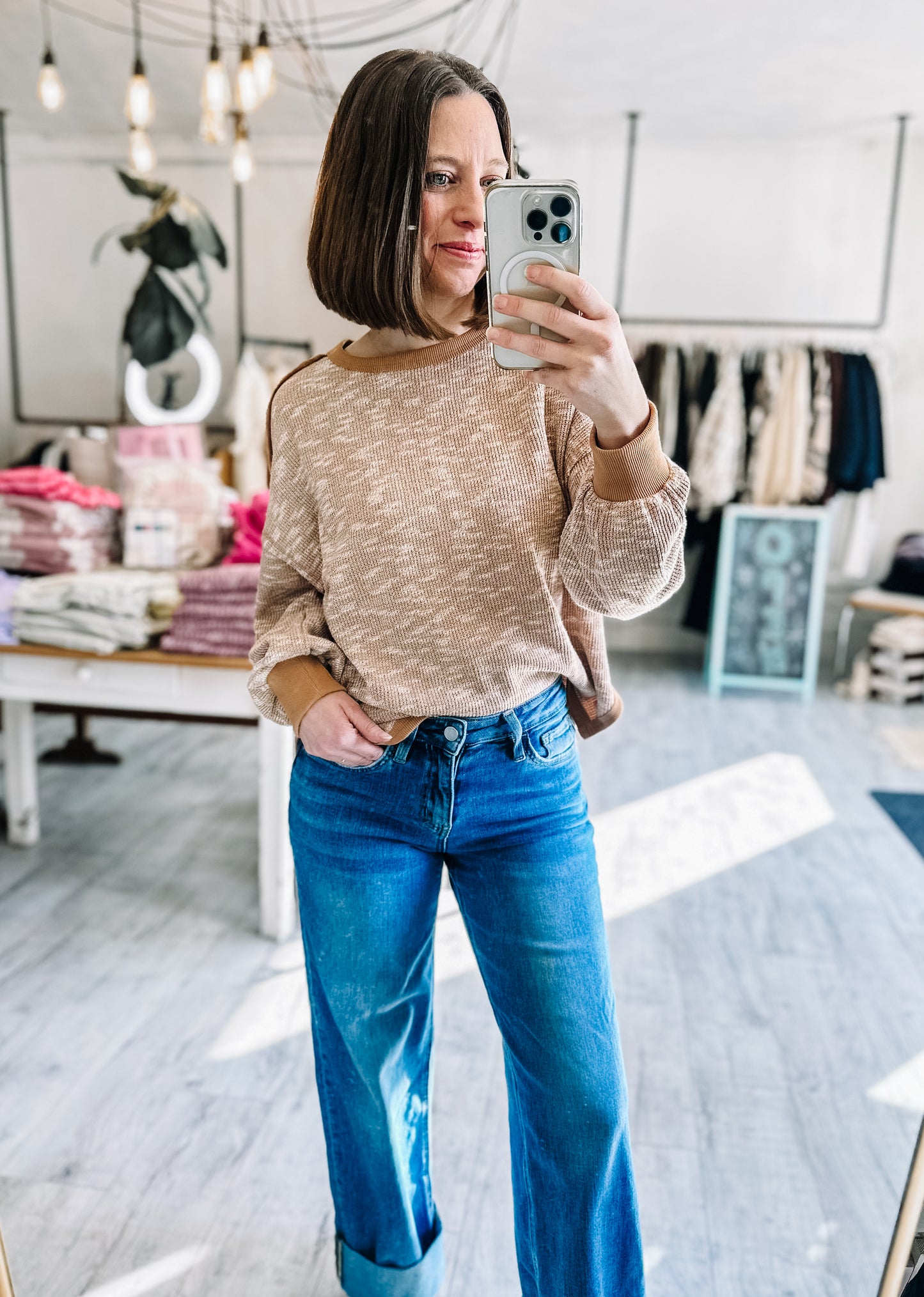 Oversized Printed Knit Casual Top in Mixed Mocha