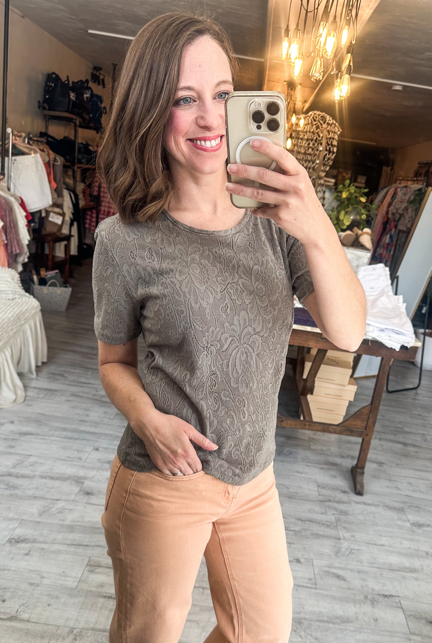 Mesh Lace Stretch Short Sleeve Blouse in Olive Khaki