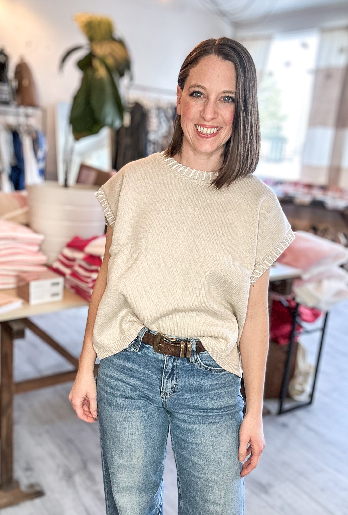 Stitched Detail Sweater Vest in Sand Beige