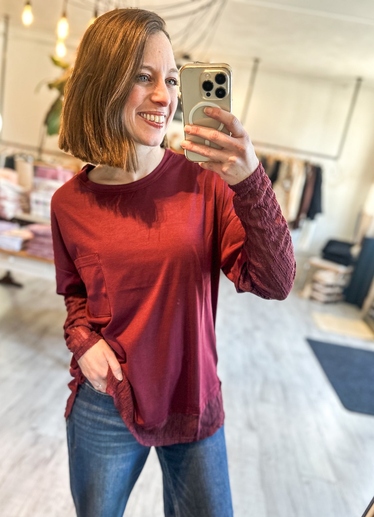 Oversized Casual Knit Top W/ Lace in Olive, Black or Wine