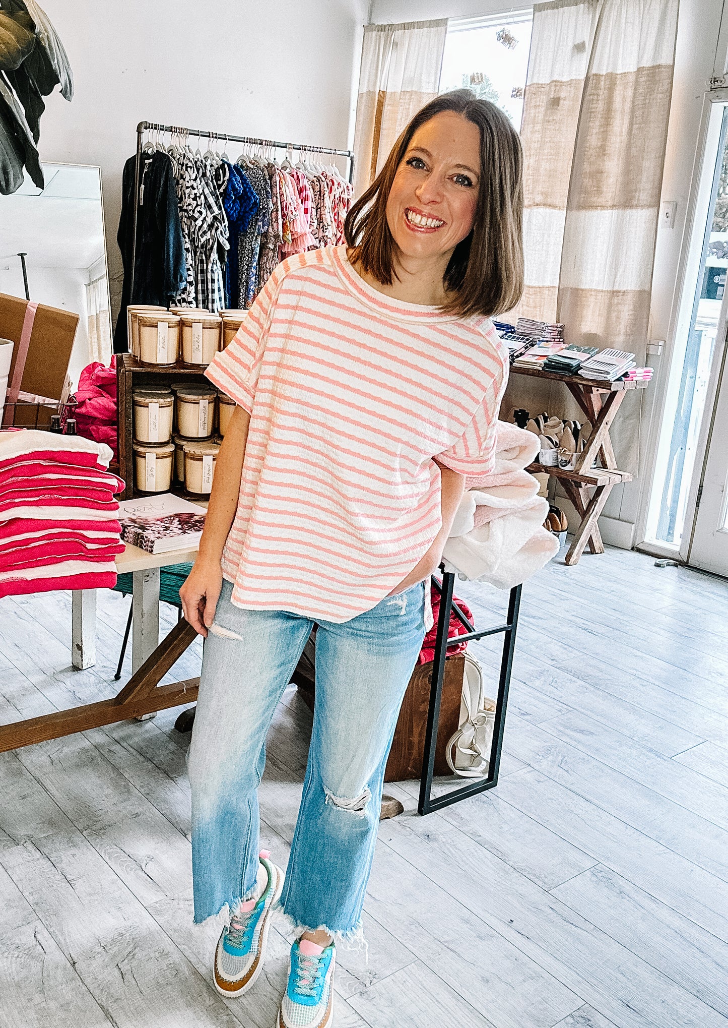 Stripe Jacquard Crew Tee in Pink & White