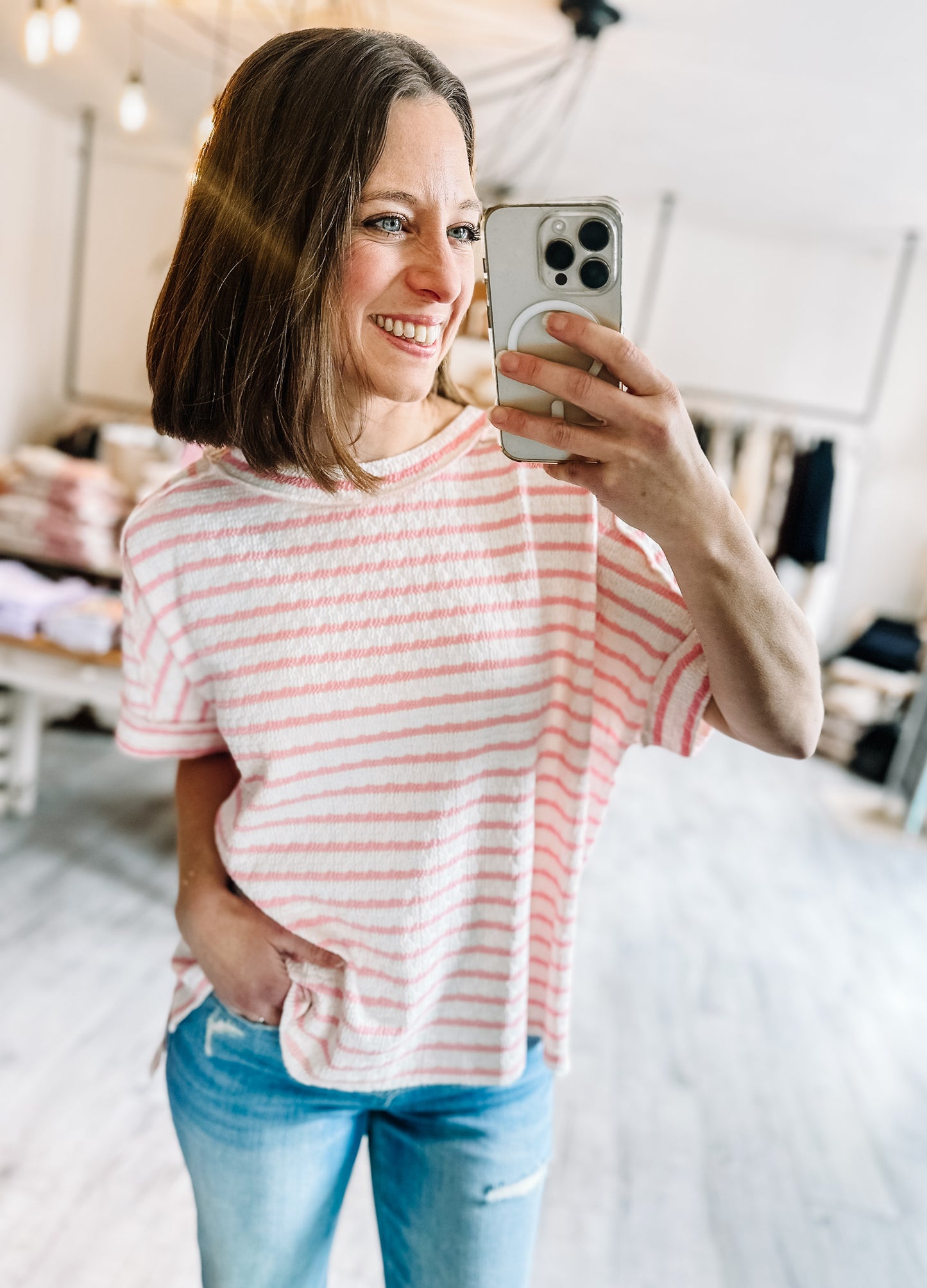 Stripe Jacquard Crew Tee in Pink & White