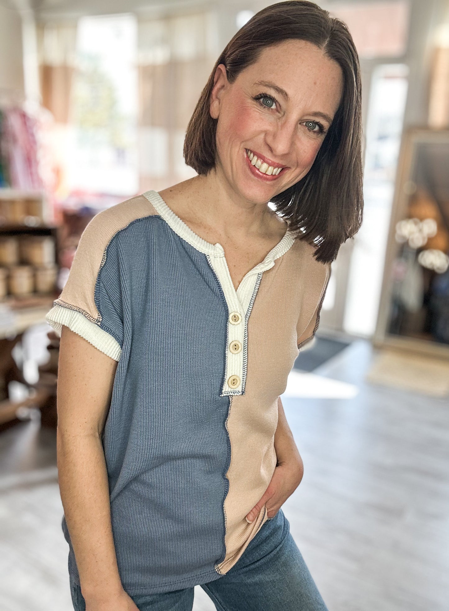Ribbed Color Block Button front Short Sleeves Top in Denim Blue