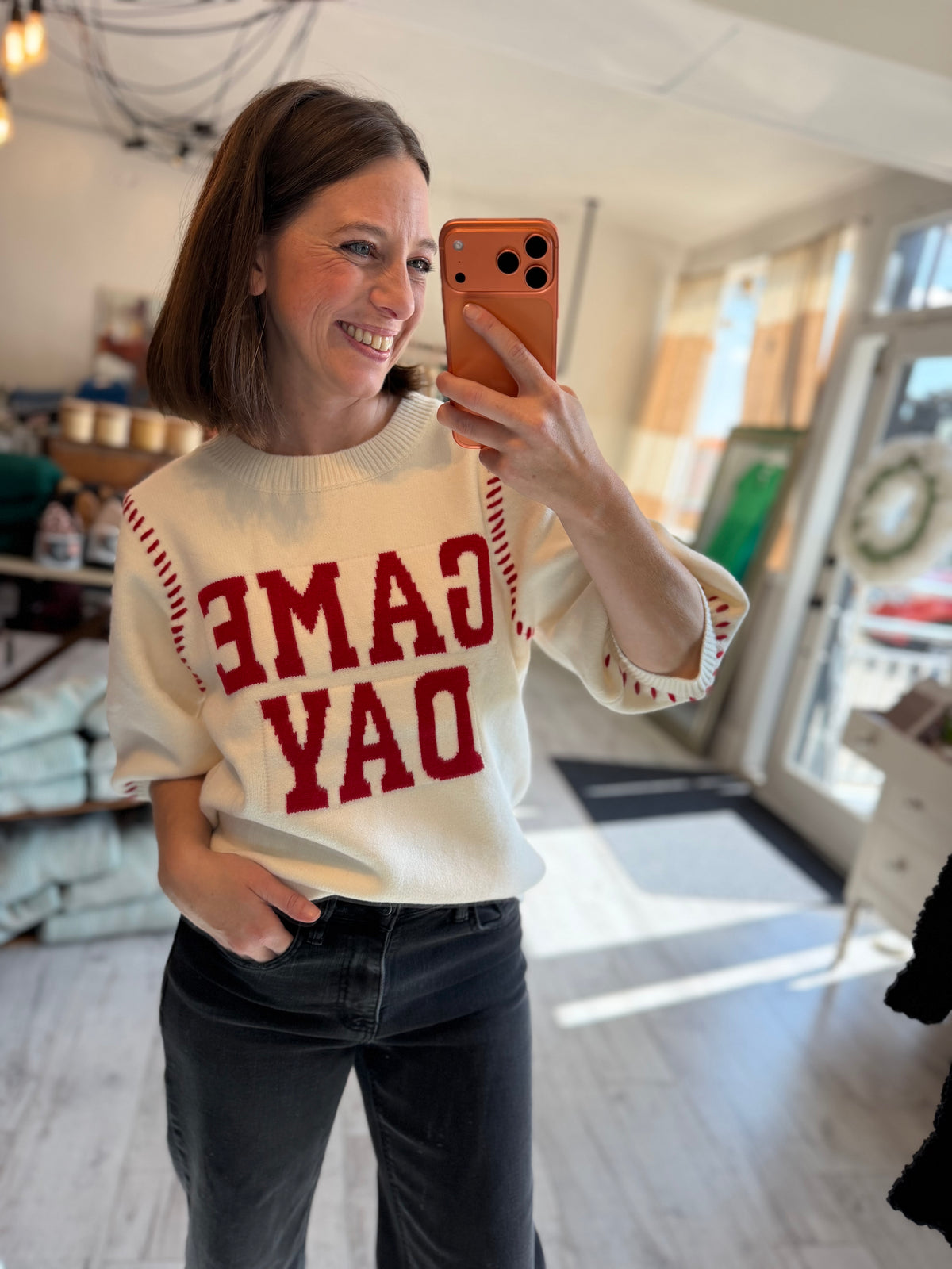 GAMEDAY THEME STITCH DETAIL PUFF SLEEVES KNIT TOP