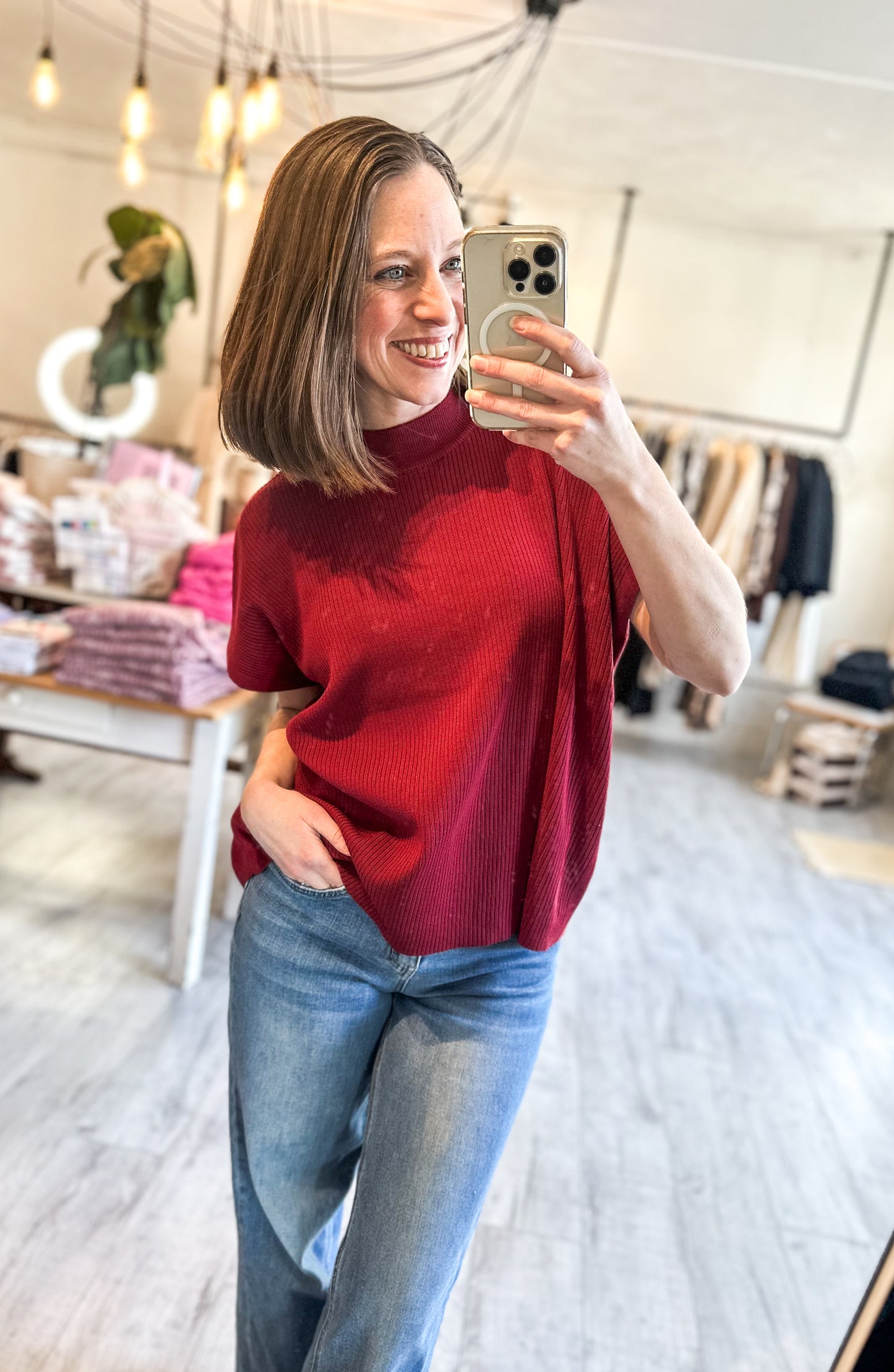 Mock Neck Short Sleeve Sweater in Cabernet