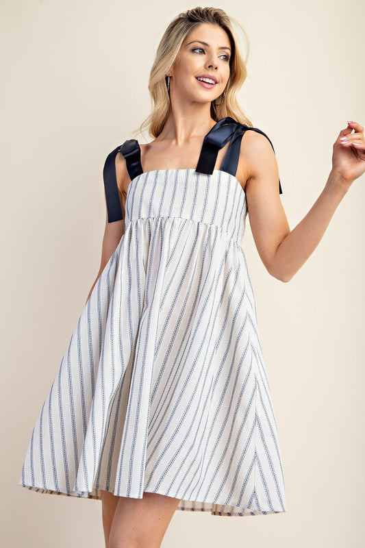 Striped Babydoll Dress with Ribbons Ties with Navy