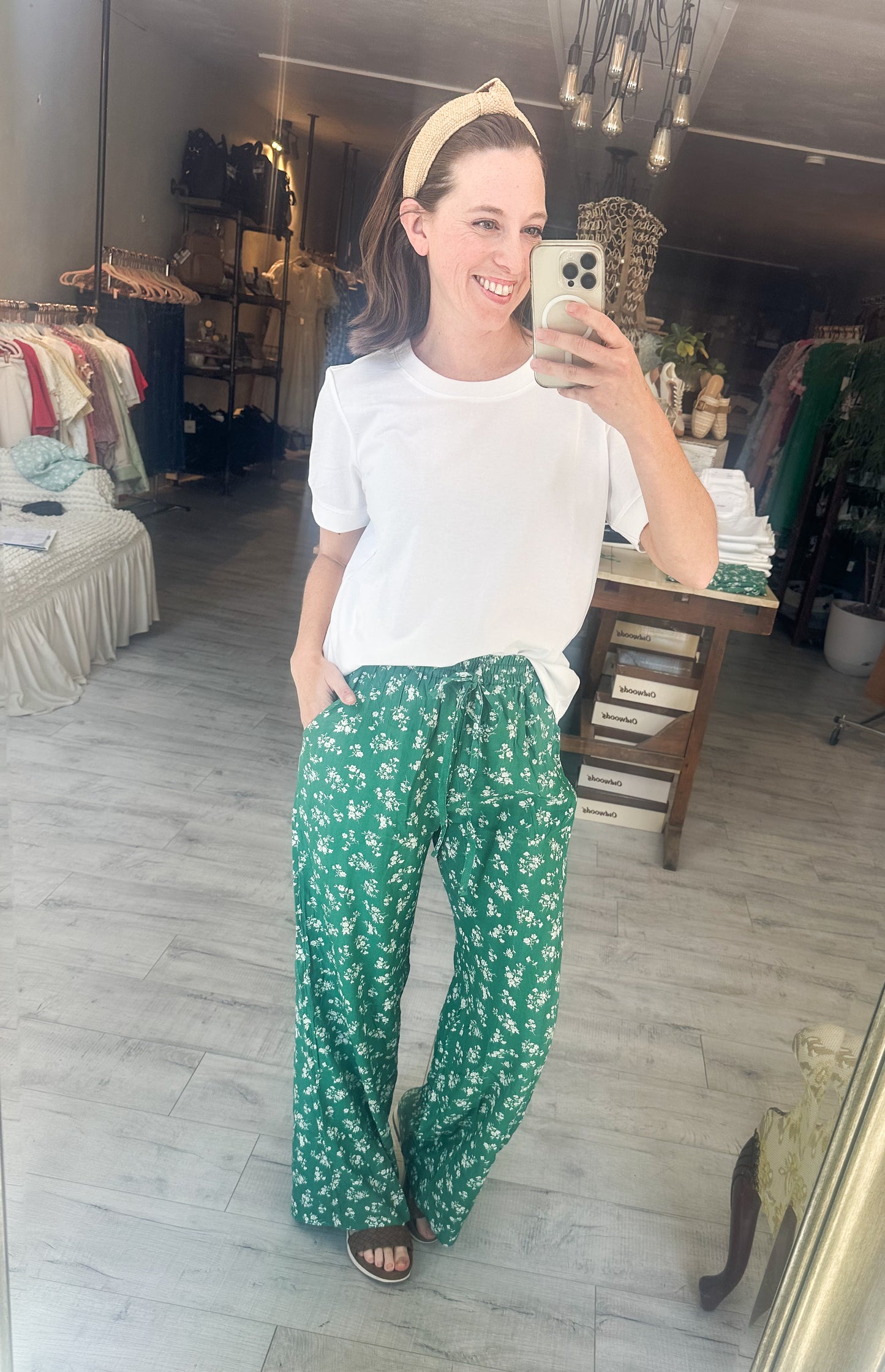 Green Ditsy Floral Print Comfy Pants