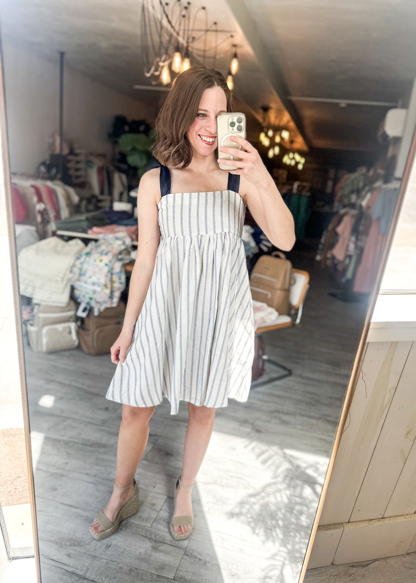 Striped Babydoll Dress with Ribbons Ties with Navy