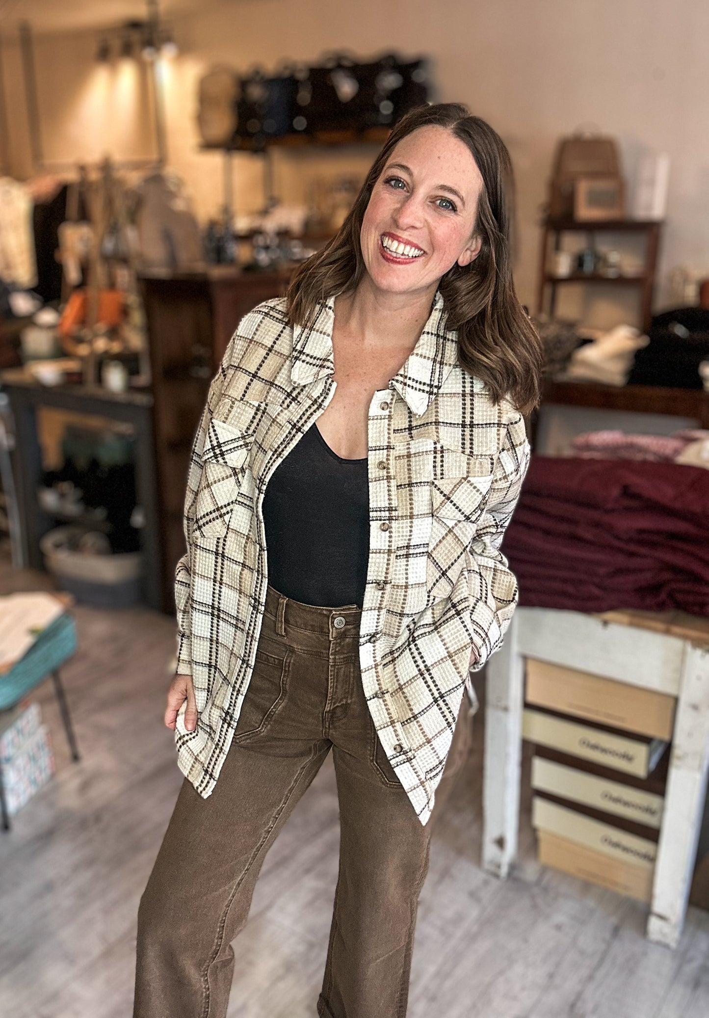 Oversized Checkered Casual Shacket Jacket in Cream