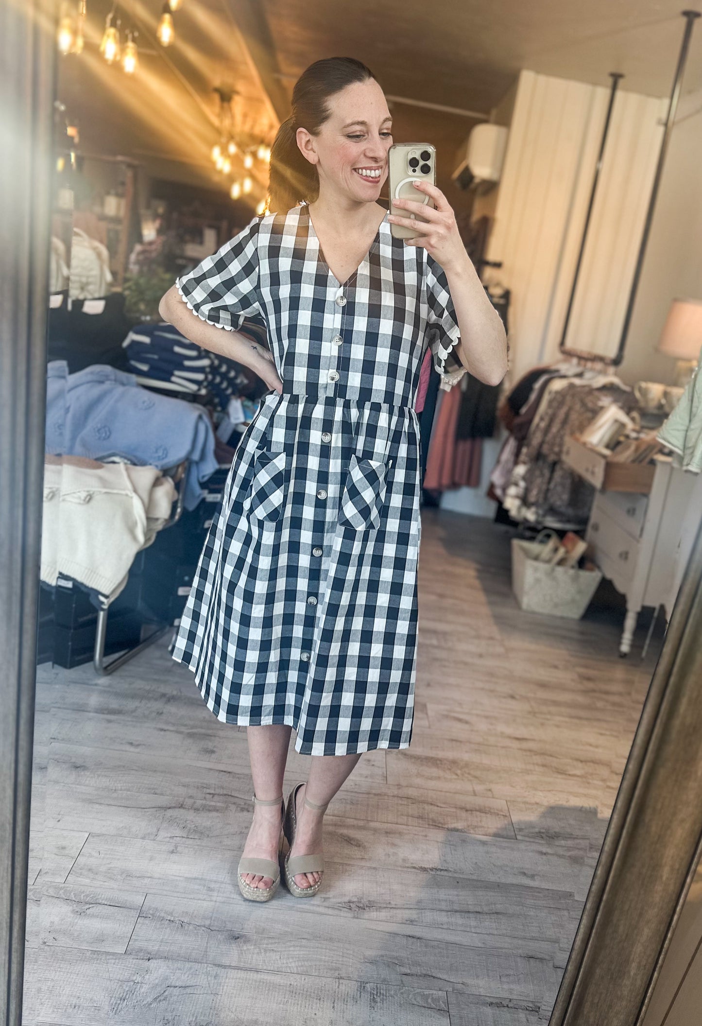 Gingham Button Up Midi Dress in Black and Cream