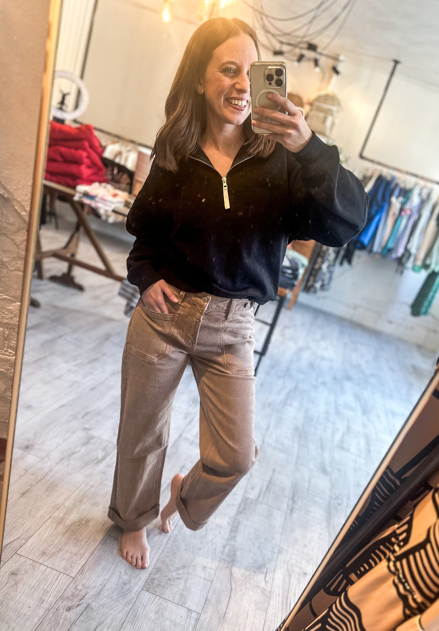 High Rise Tab Wide Denim in Warm Taupe by Flying Monkey