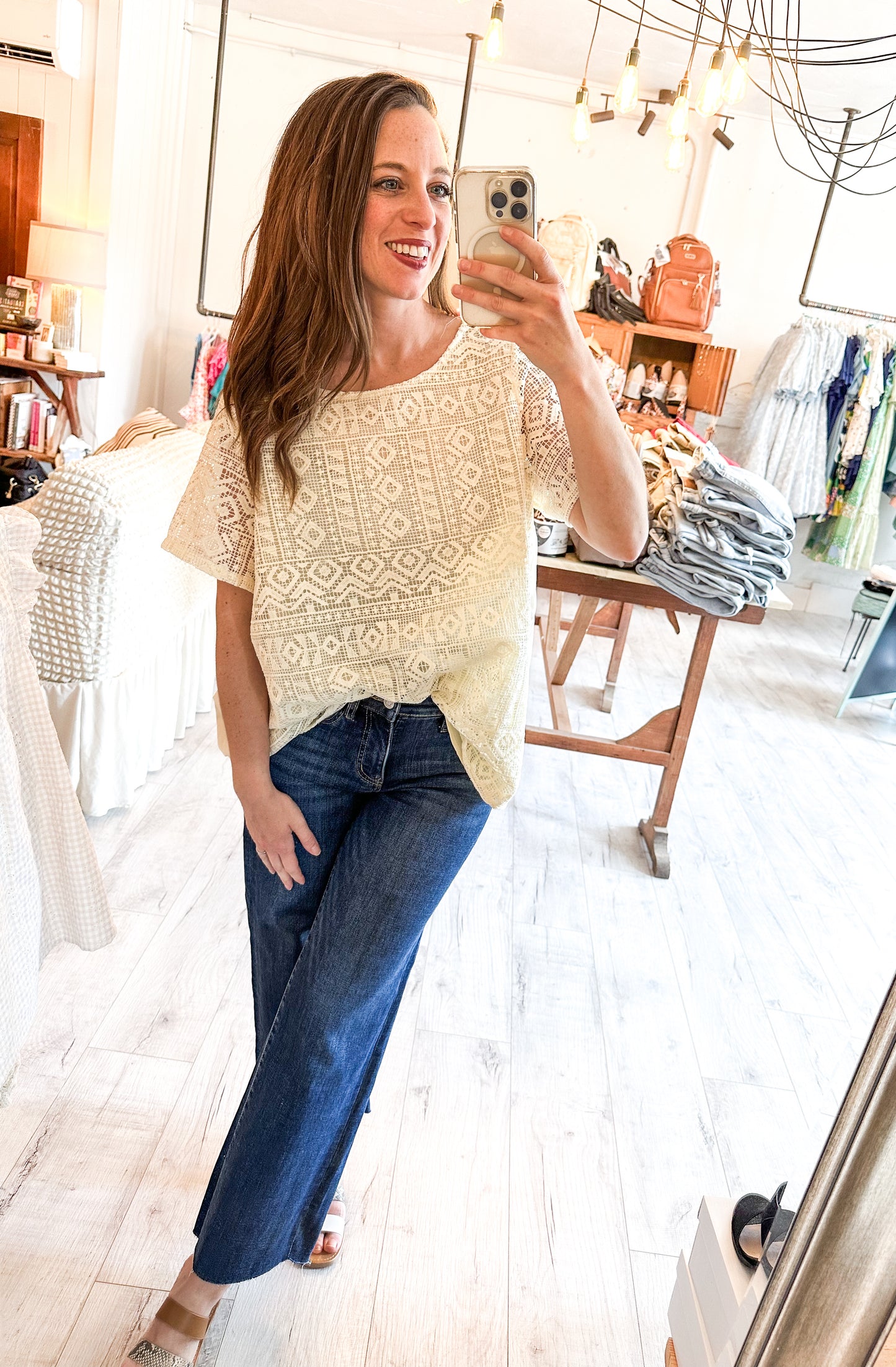 Smock Front Embroidery Short Sleeve Blouse in Natural