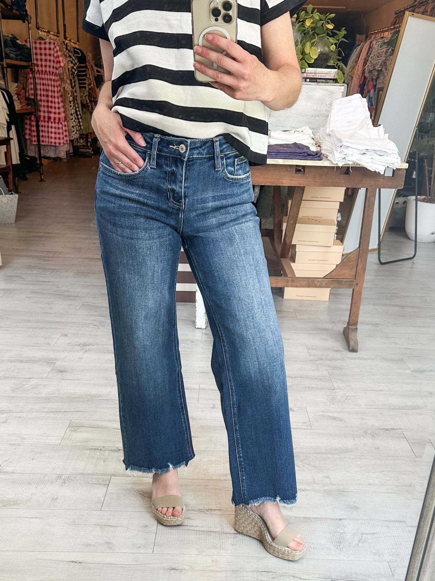 Mid Rise Raw Hem Medium Wash Wide Leg Denim by Lovervet