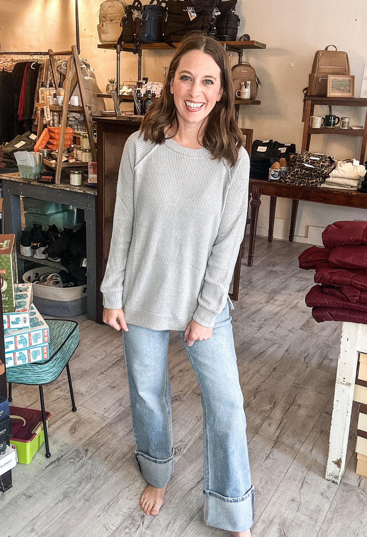 High Rise Medium Light Wash Cuffed Slim Wide Leg by Flying Monkey