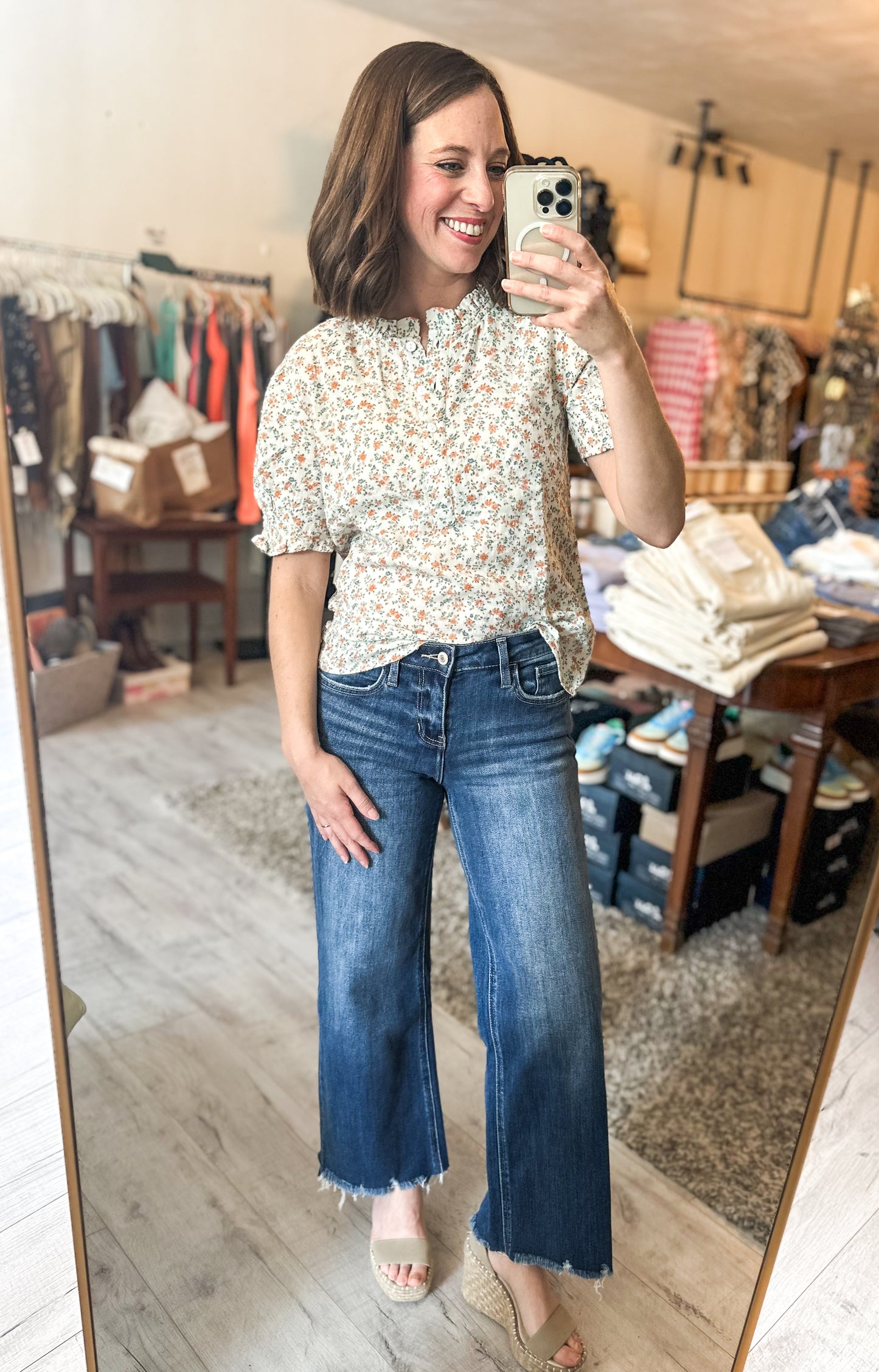 Aria Dainty Floral Print Short Sleeve Ruffle Neckline Blouse