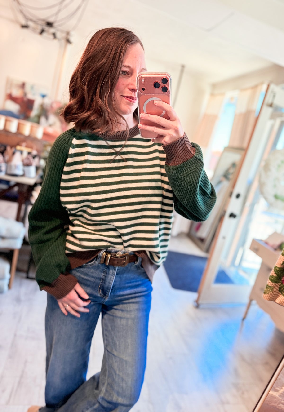 STRIPED COLORBLOCK RAGLAN LONG SLEEVE CREW SWEATER