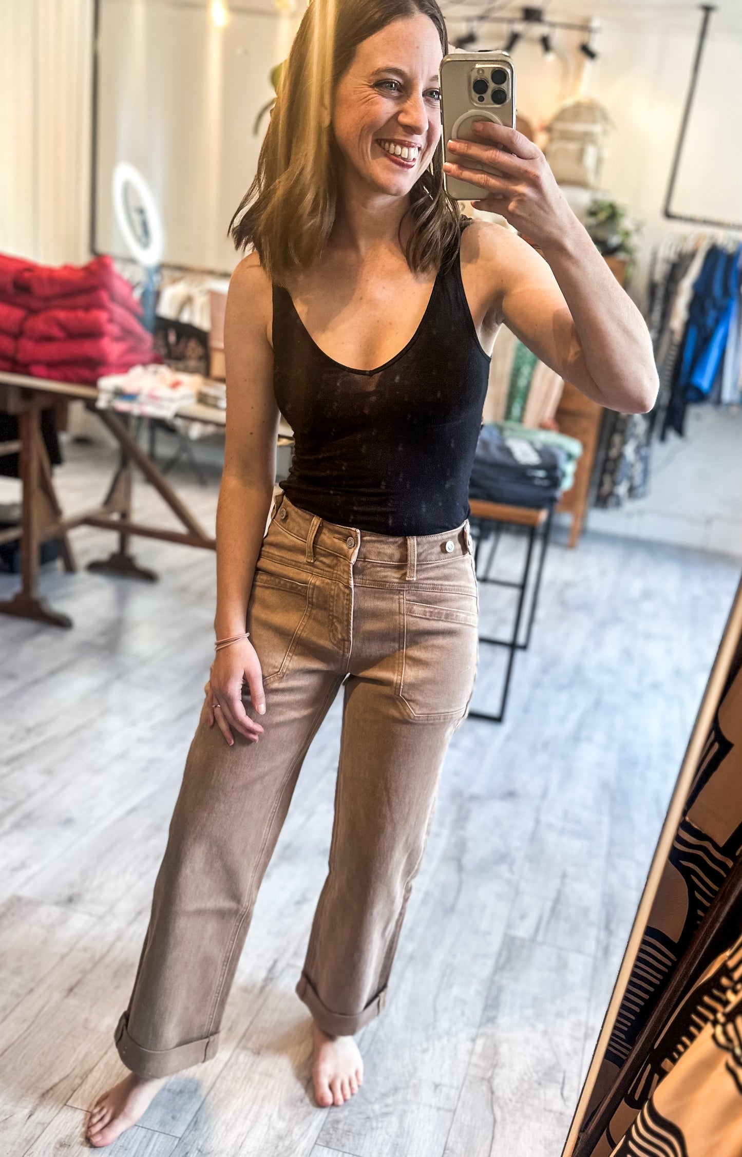 High Rise Tab Wide Denim in Warm Taupe by Flying Monkey