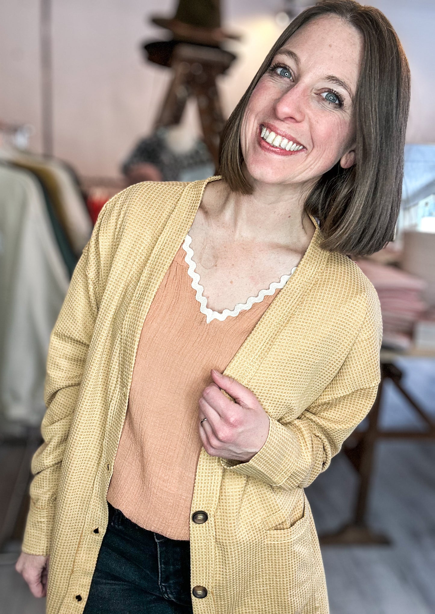 Wavy Trim Ruffle Sleeve Blouse in Dusty Peach