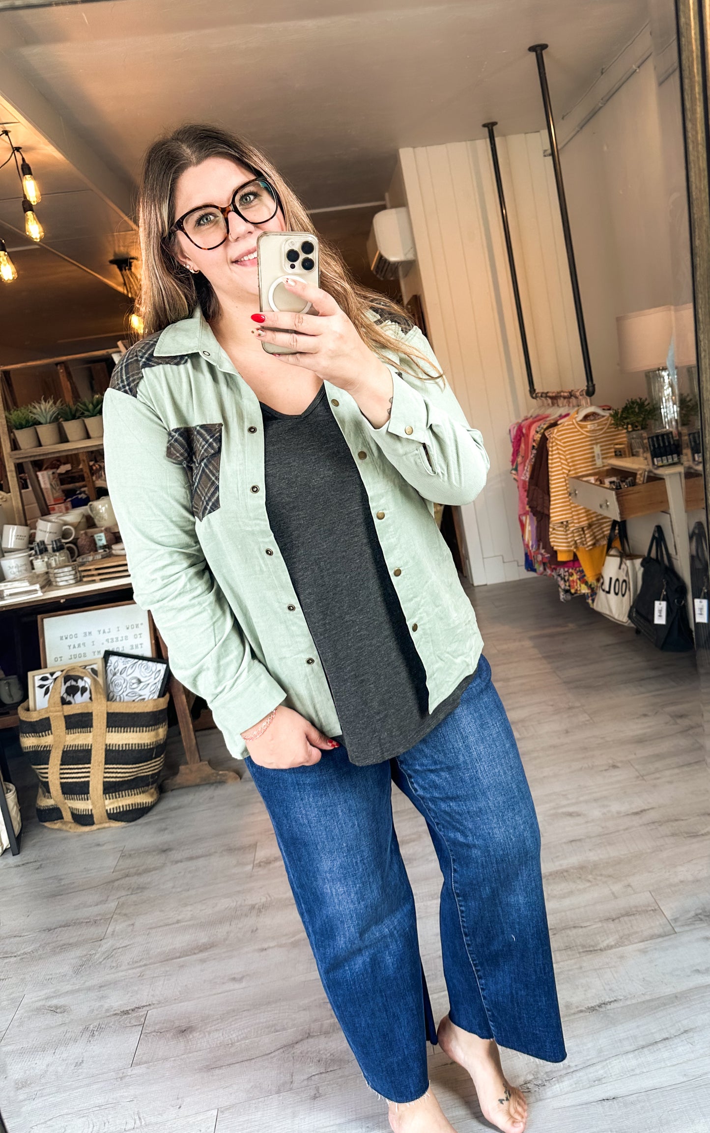 Corduroy Plaid Snap Western Top in Sage