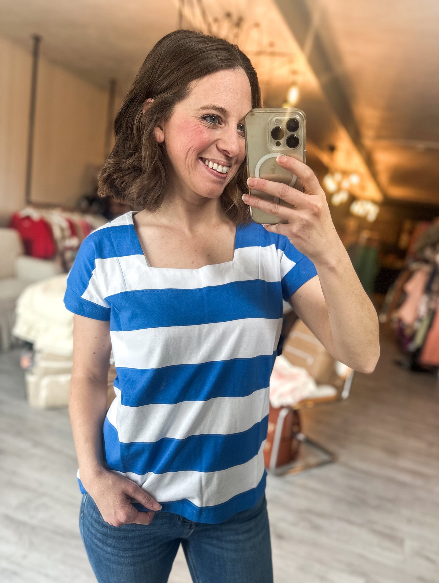 All Angles Square Neck Striped Tee in Bright Blue