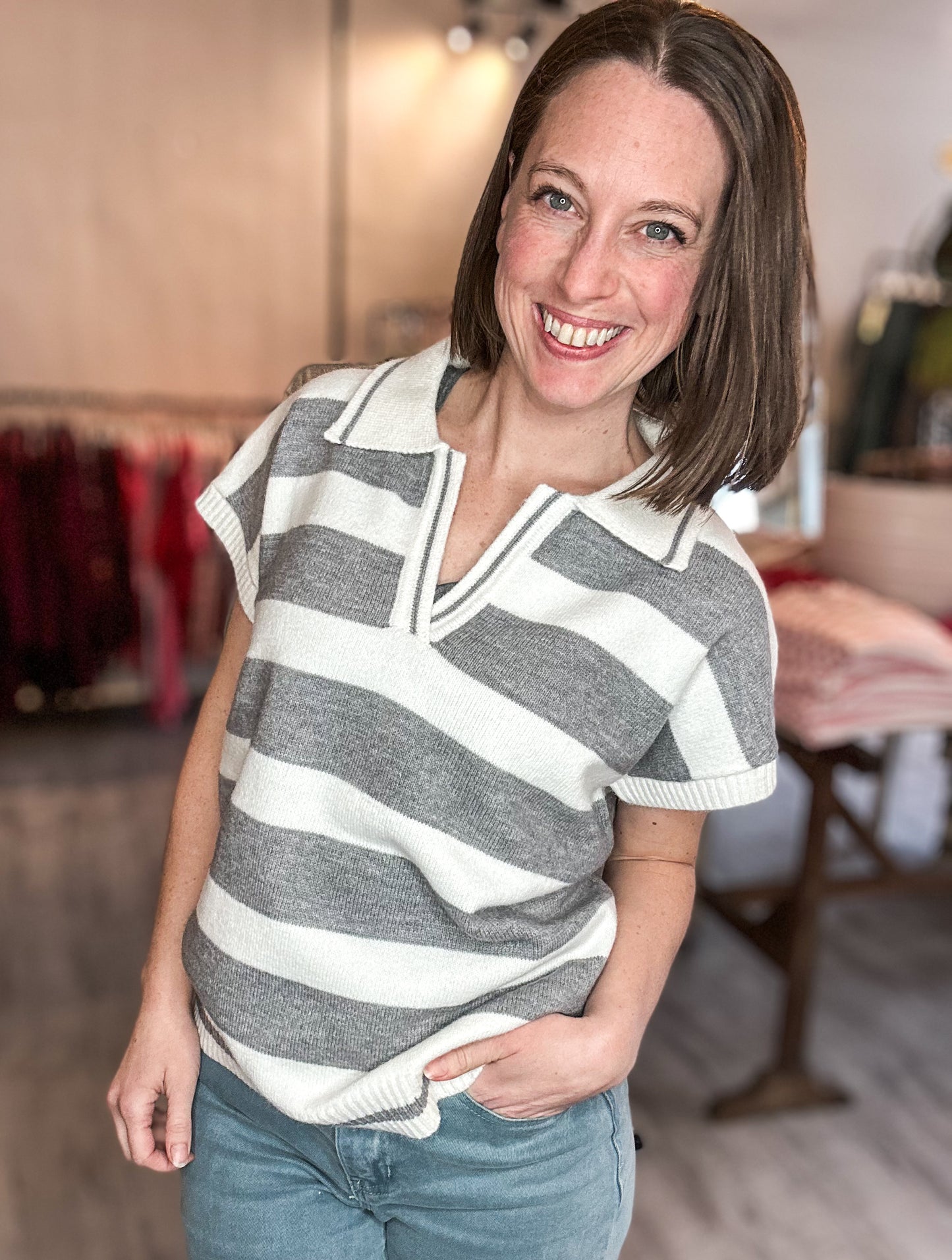 Striped Collared Short Sleeve Sweater in Heather Grey