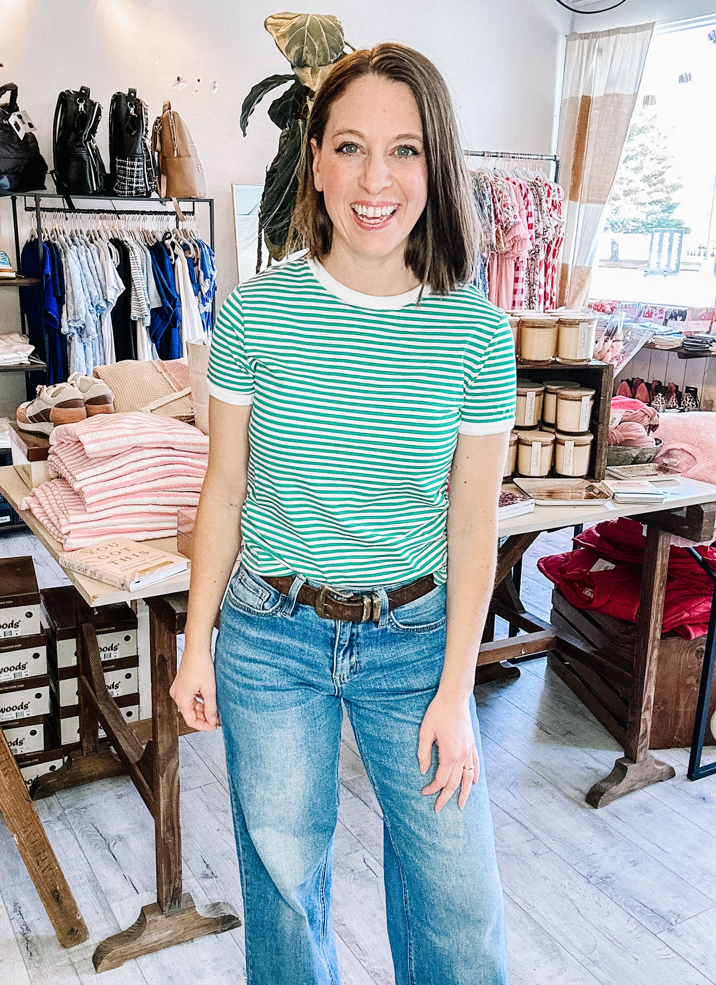 Striped Contrast Trim Tee in Kelly Green & Lavender