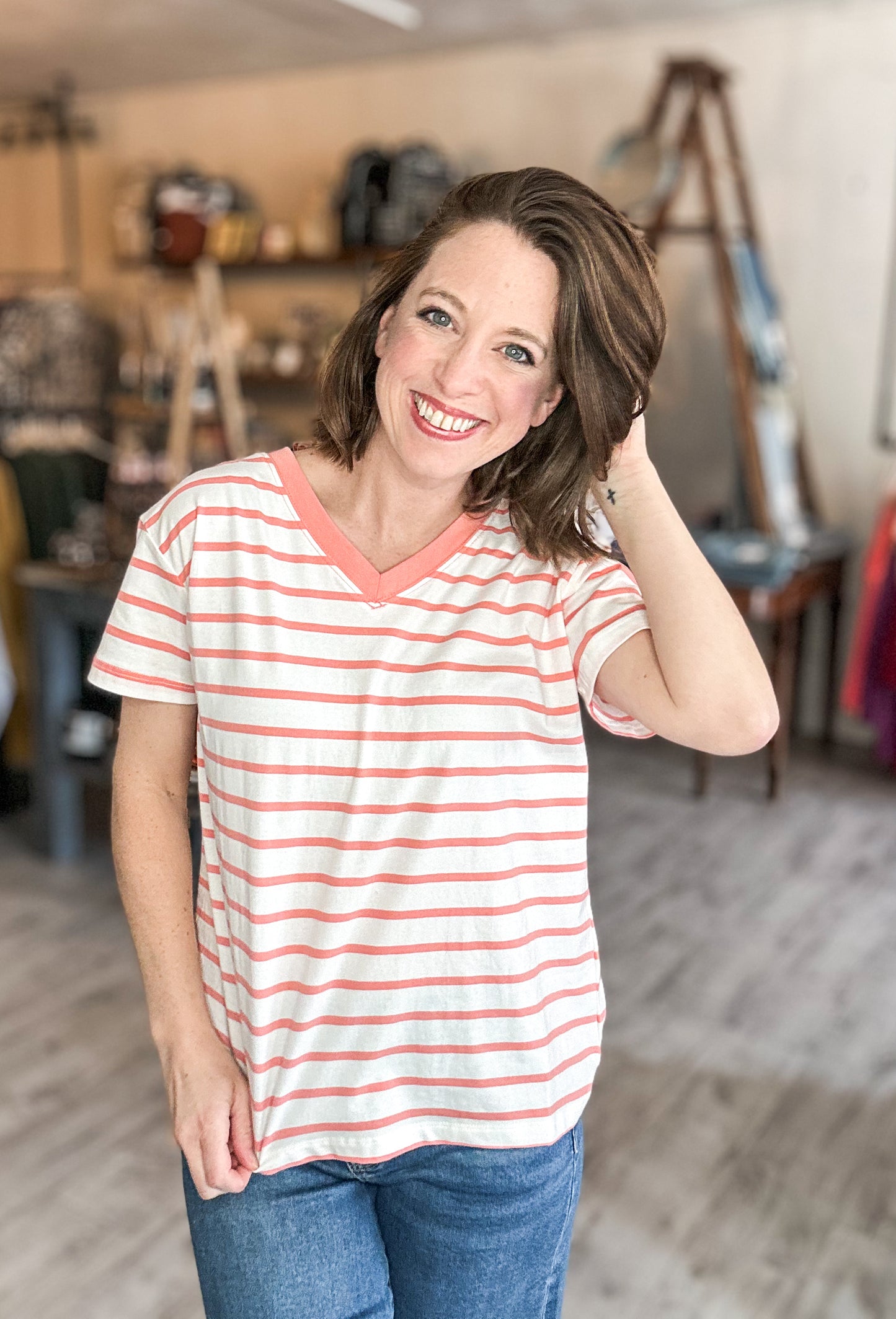 Striped V-Neck in Coral