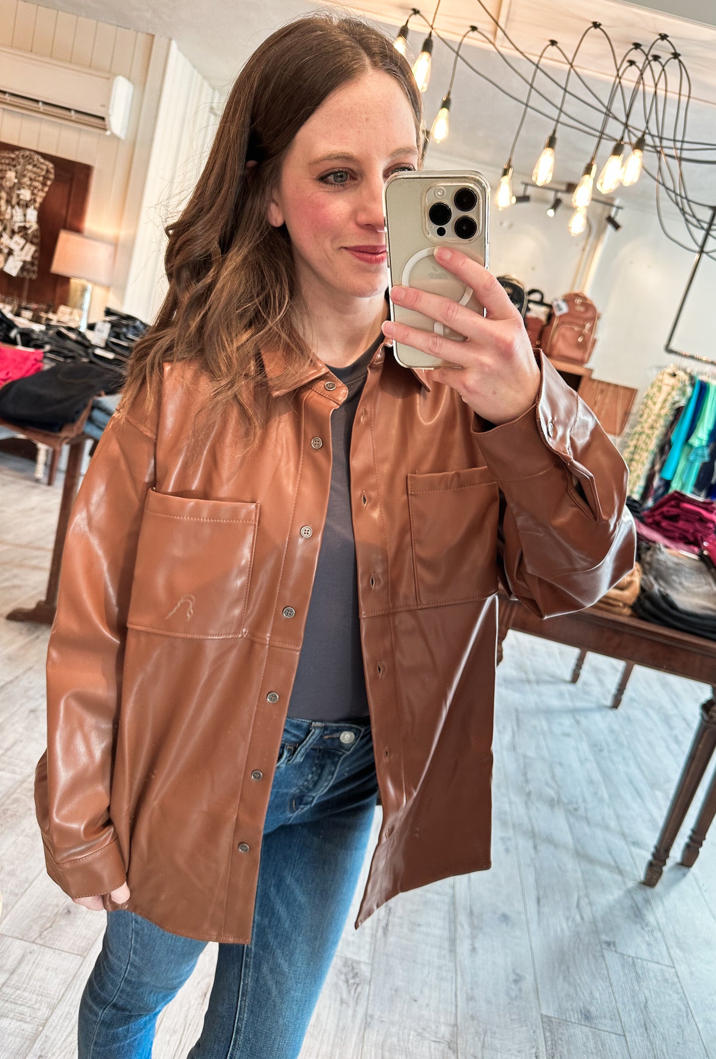 Faux Leather Button Down in Rich Cognac