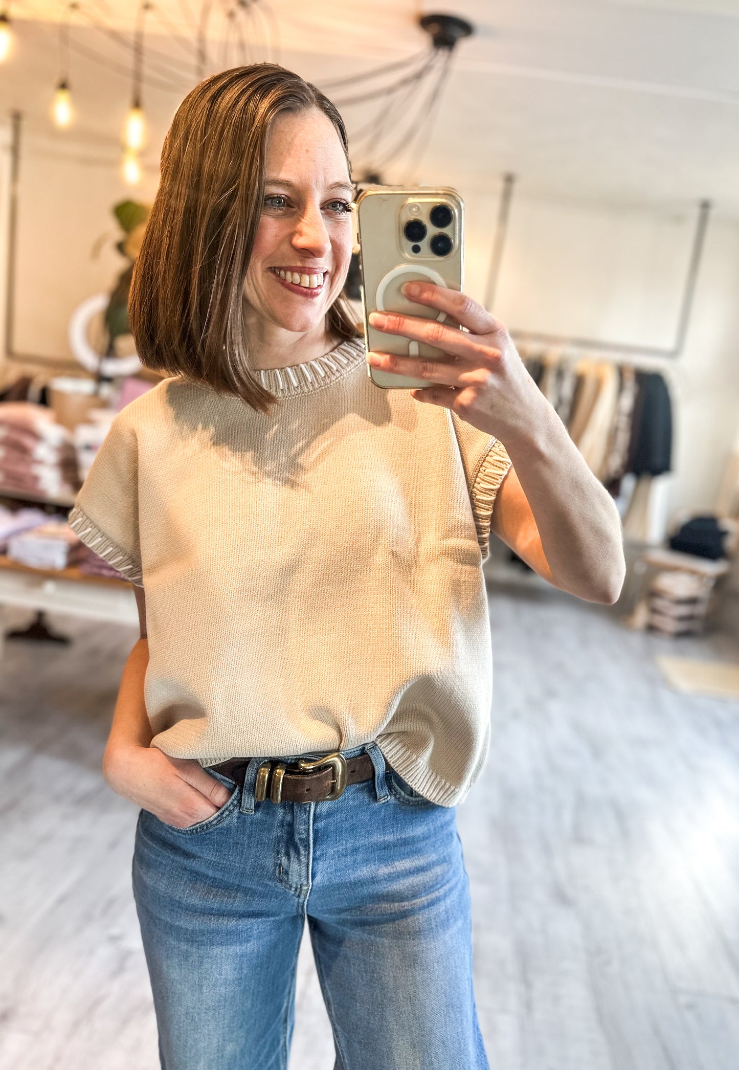 Stitched Detail Sweater Vest in Sand Beige