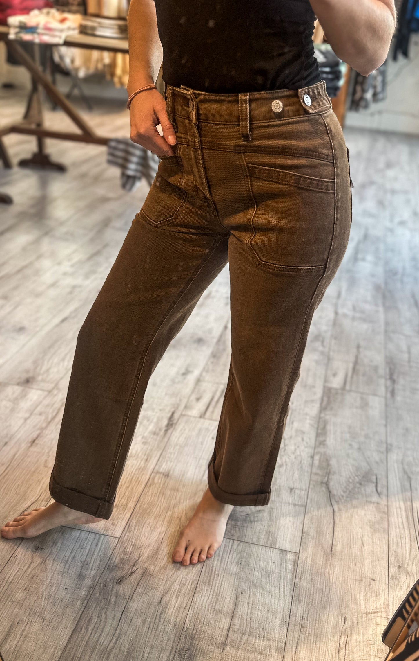 High Rise Tabbed Slim Wide Denim in Coffee by Flying Monkey