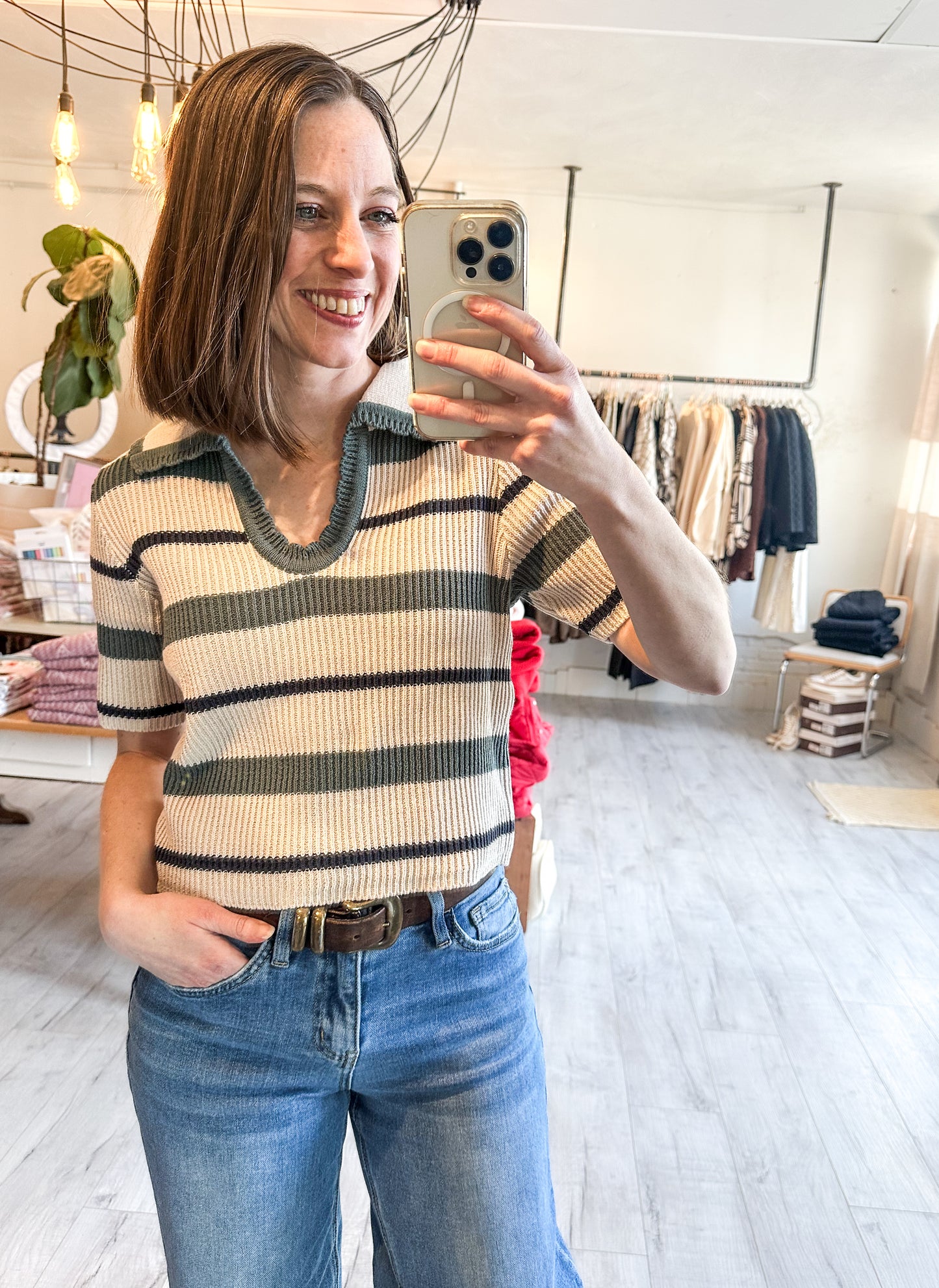 Collared Striped Sweater in Ash Jade