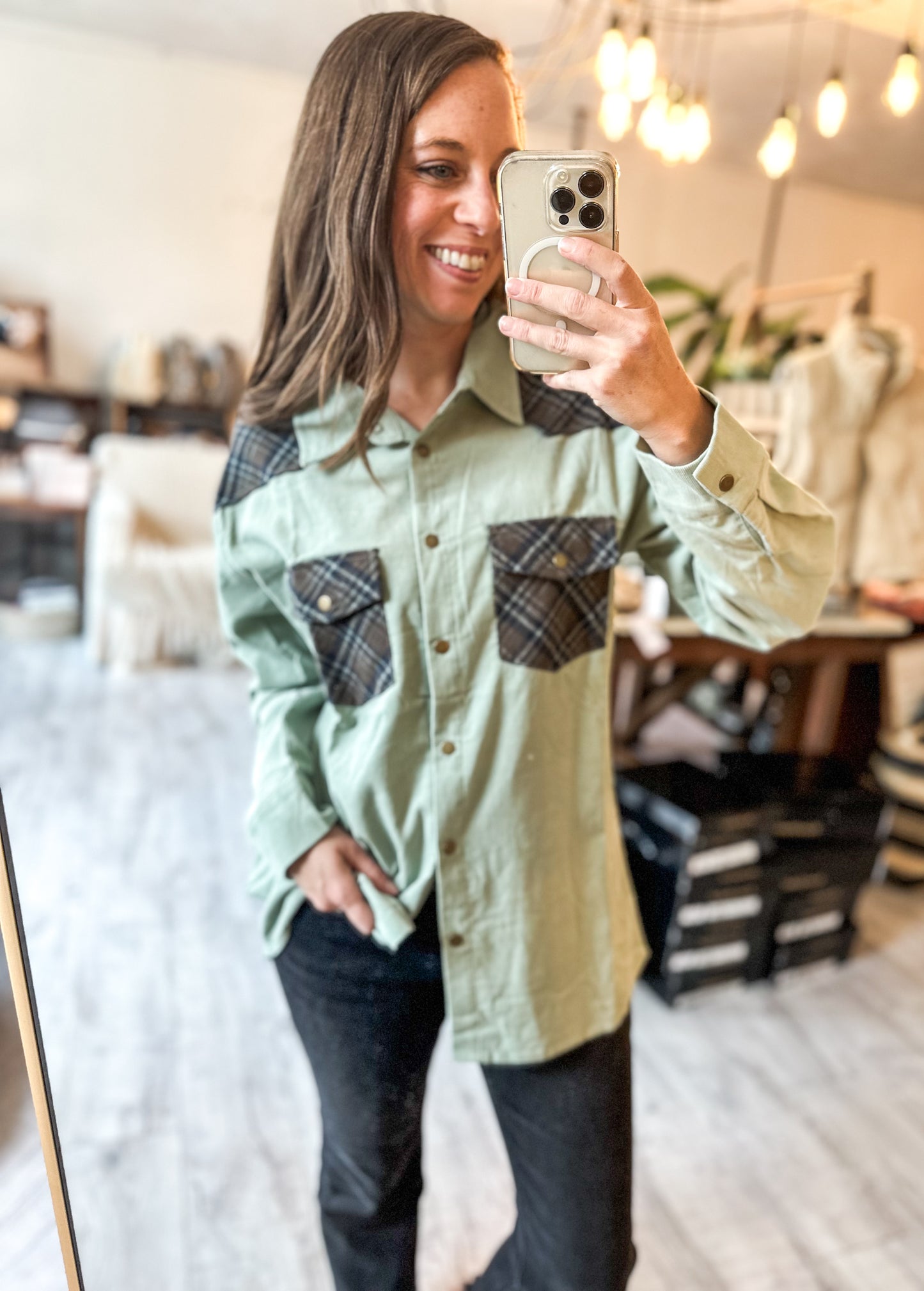 Corduroy Plaid Snap Western Top in Sage