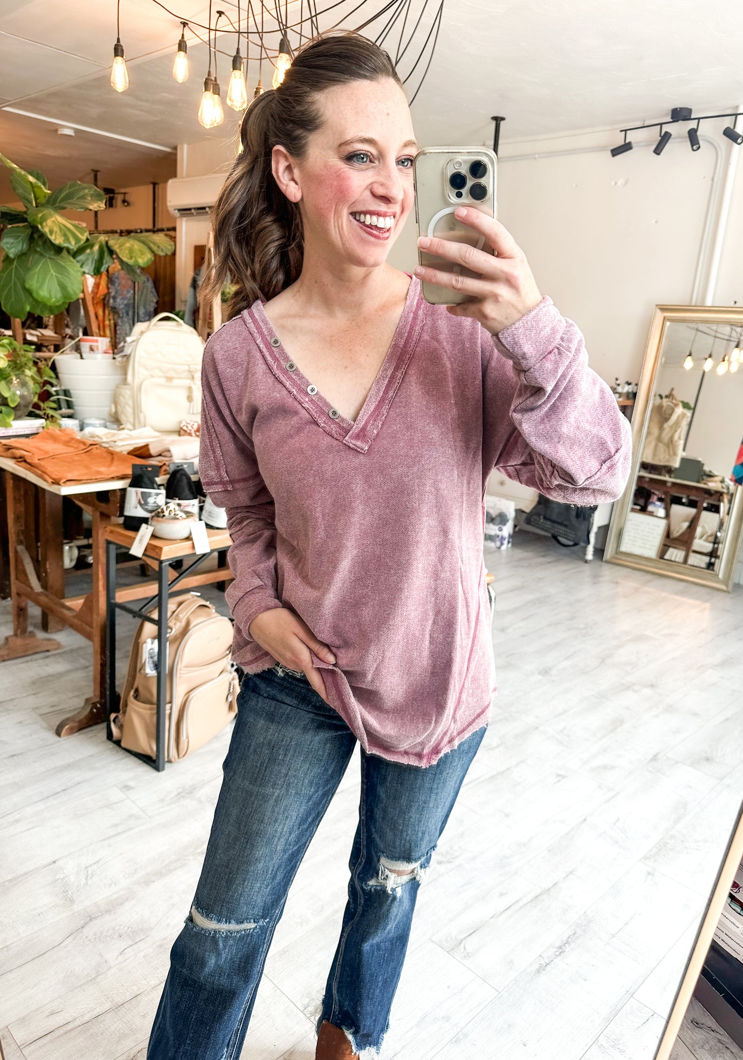 Washed Knit V-Neck Oversized Top in Mauve