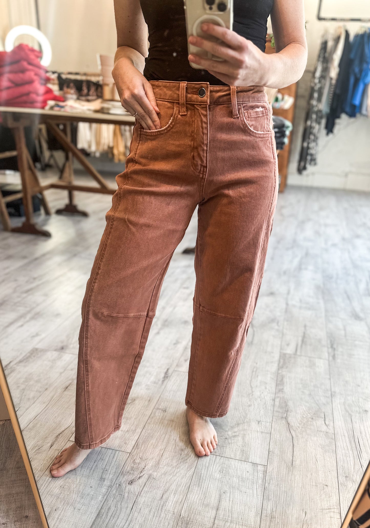 High Rise Twist Barrel Denim in Copper by Flying Monkey