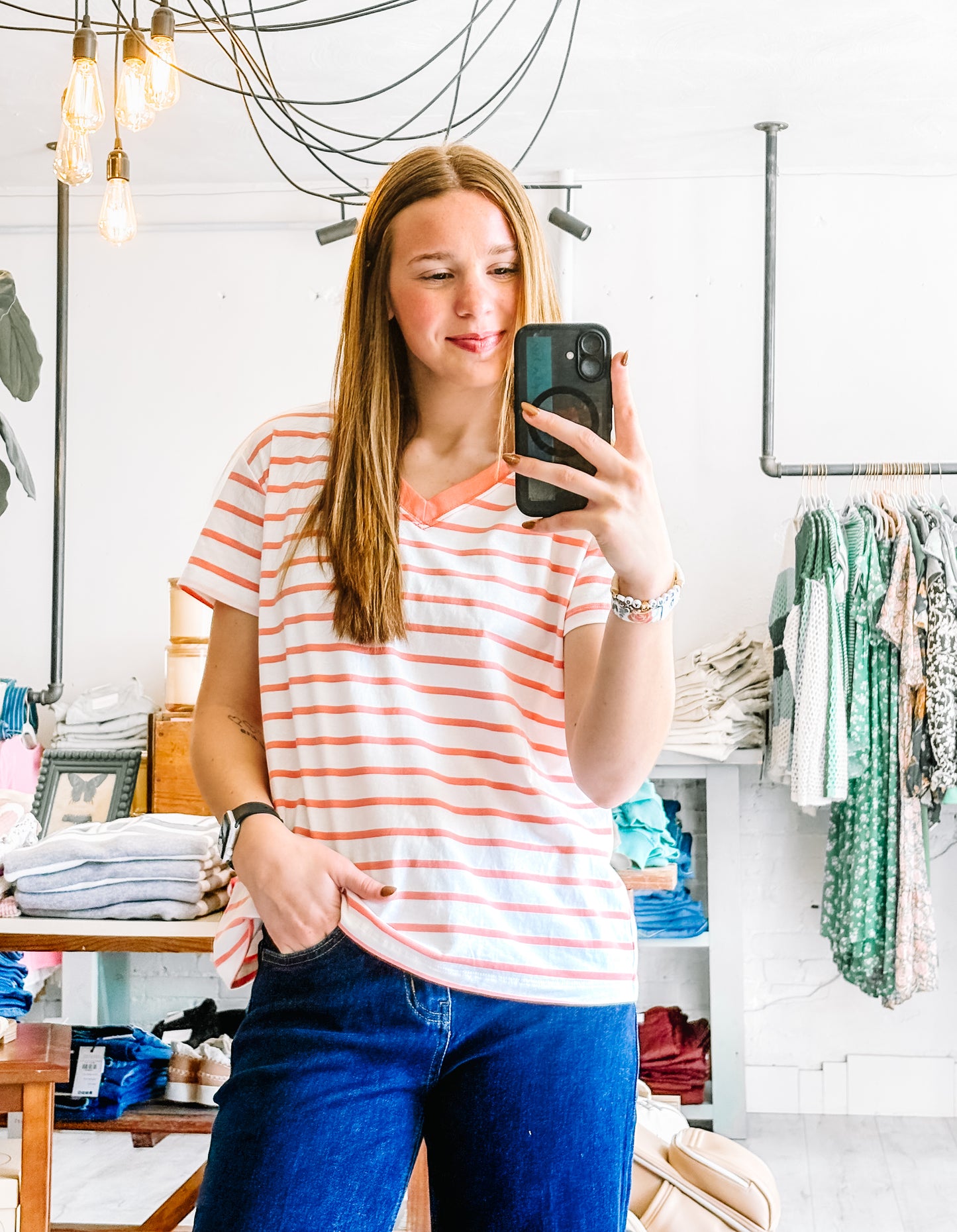 Striped V-Neck in Coral