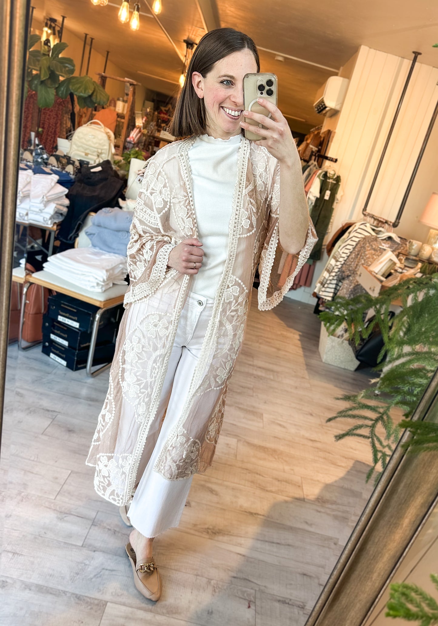 Contrast Mesh Cotton Lace Longline Kimono